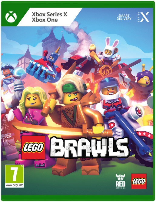 Okładka gry wideo Lego Brawls z postaciami Lego. Gra jest przeznaczona na Xbox Series X i Xbox One.
