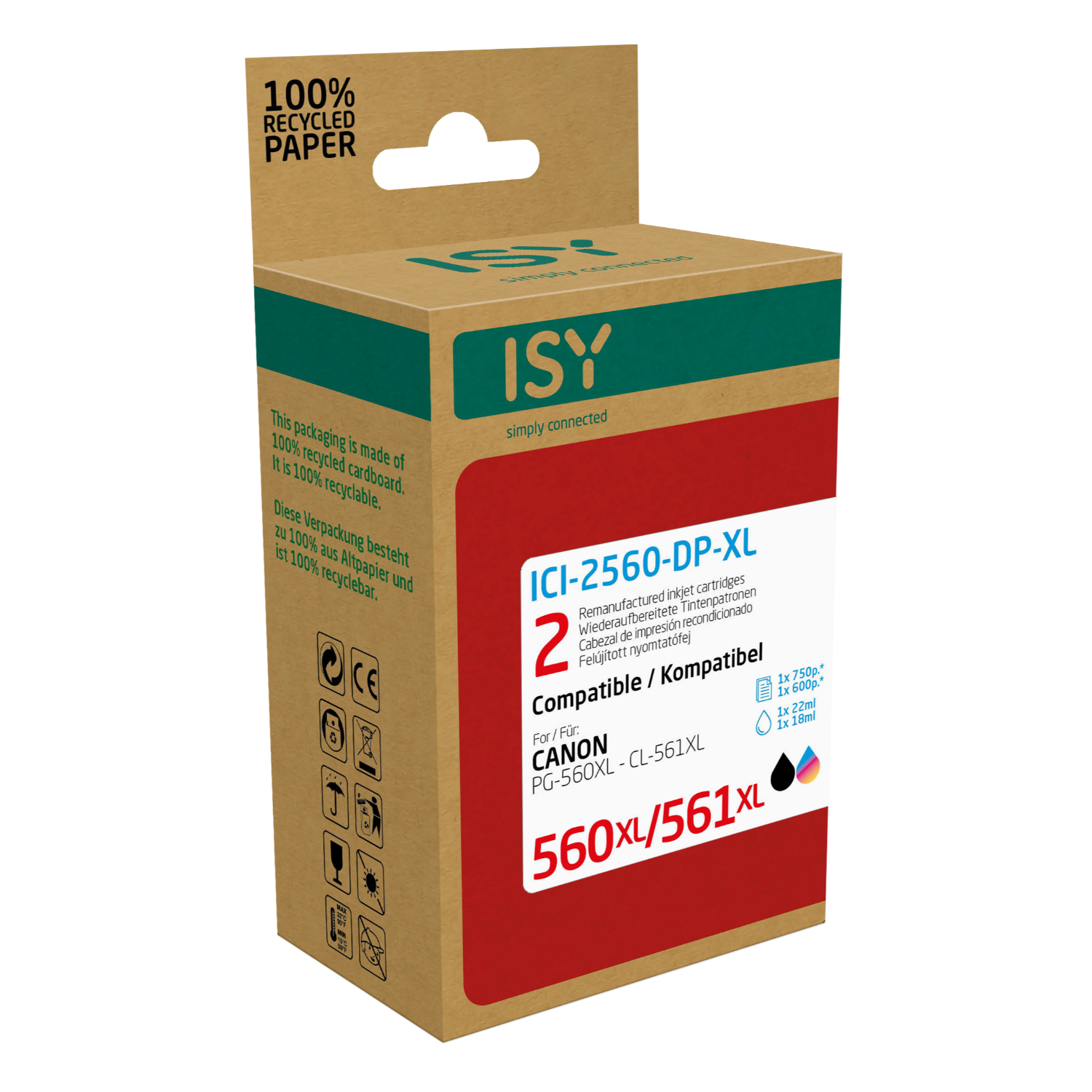 Ink cartridge box. Brown box with text, and two cartridges inside.