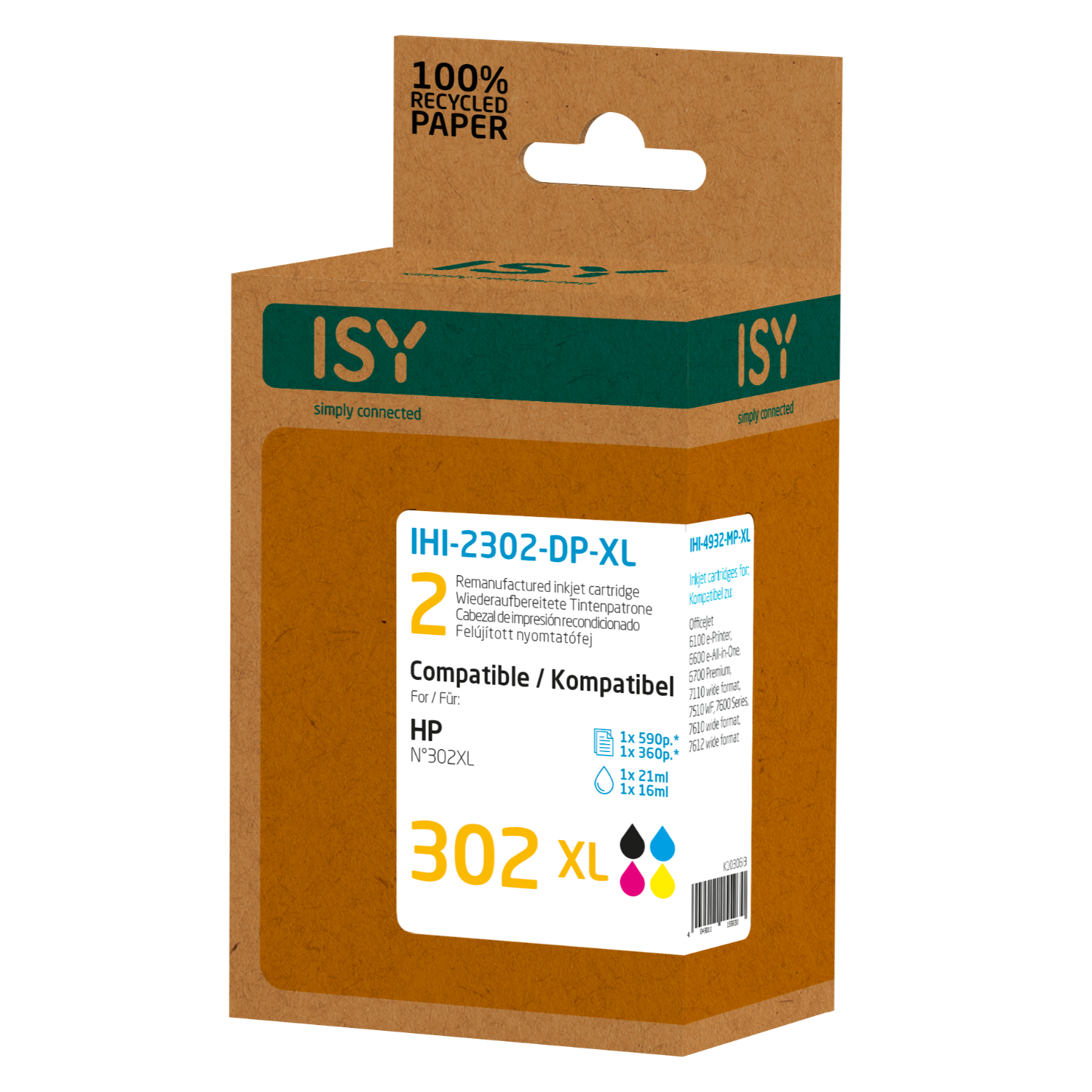 Ink cartridge box. Brown box with ISY logo. Text: Remanufactured inkjet cartridge for HP. Contains ink colors.