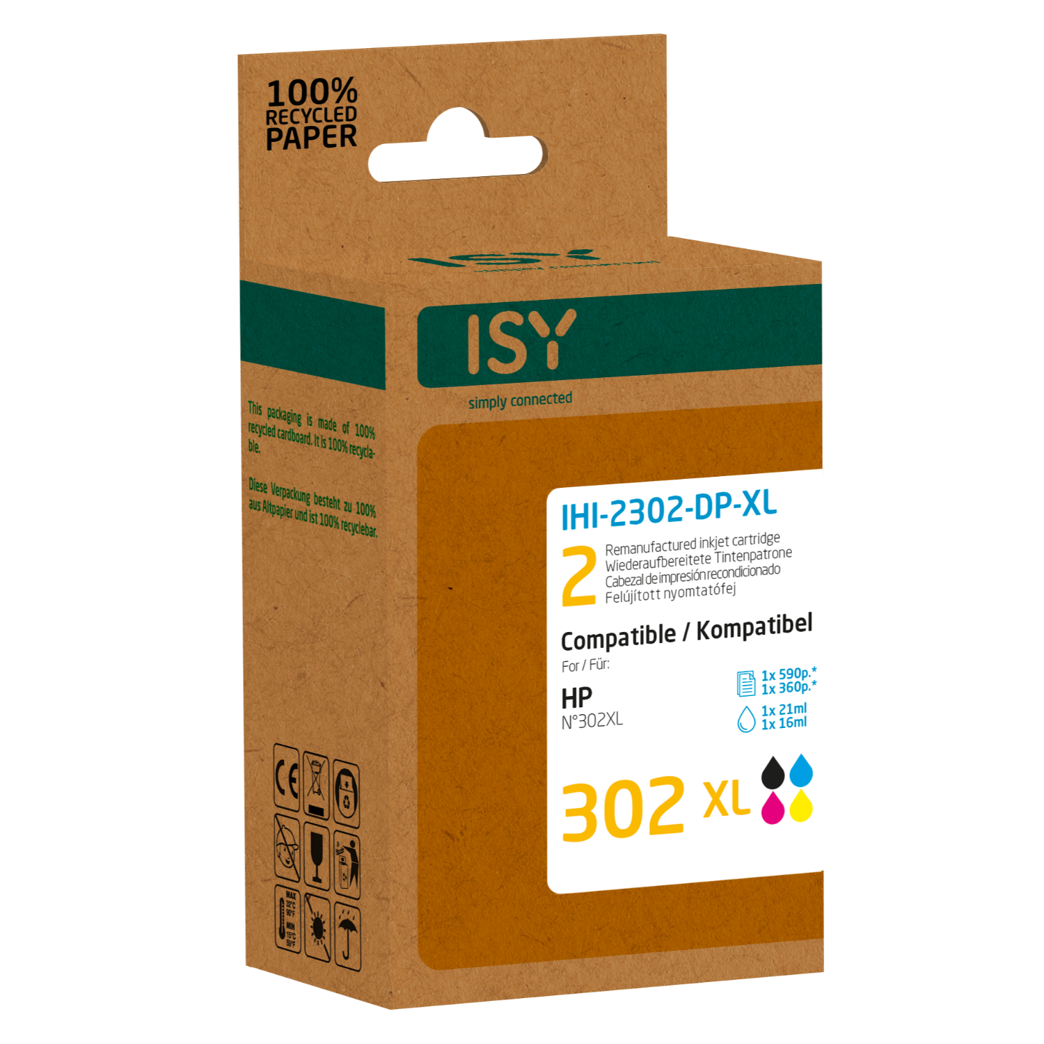 A brown cardboard box with text and illustrations, contains printer ink cartridges.