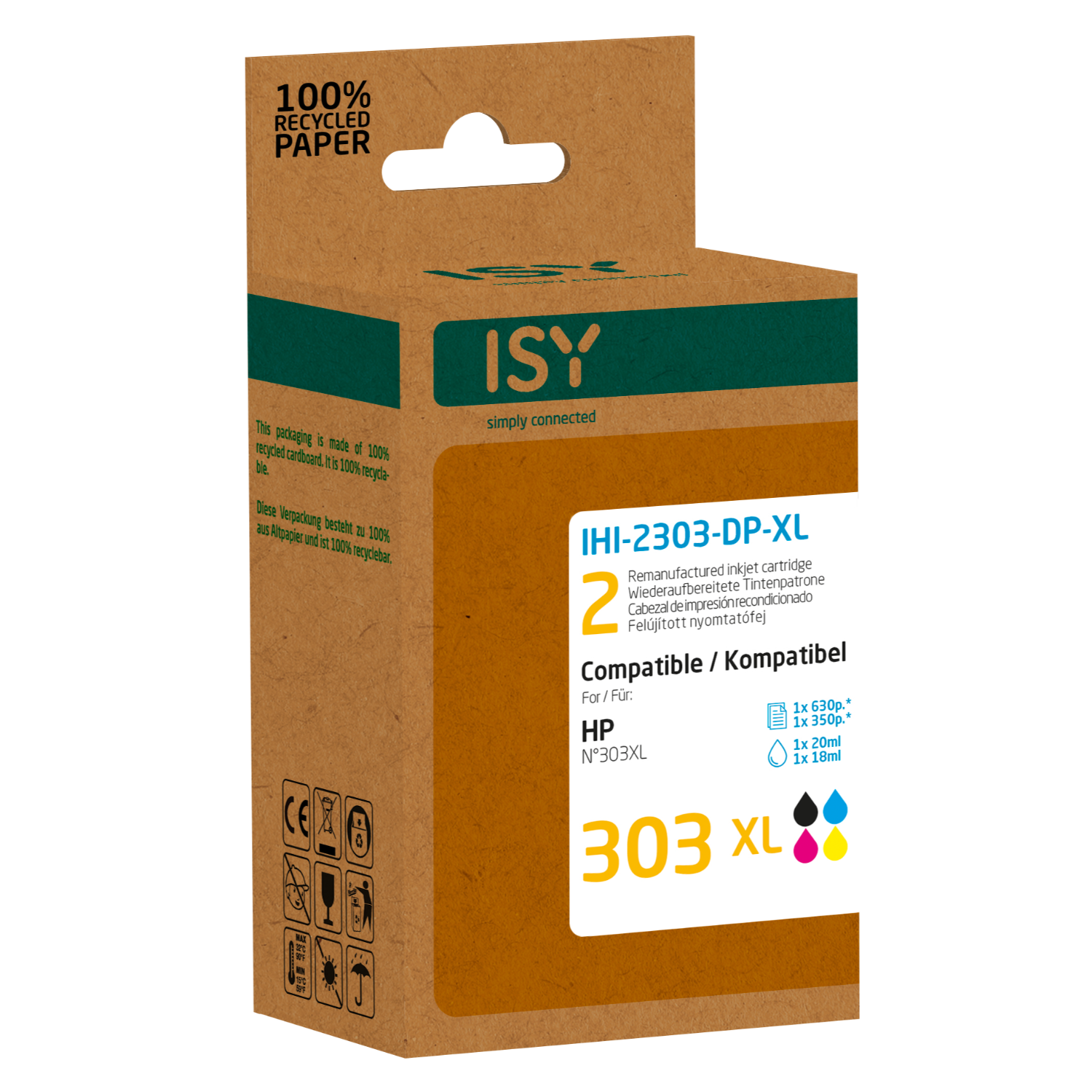 Inktcartridge doos. Bruine doos met tekst en twee cartridges binnenin.