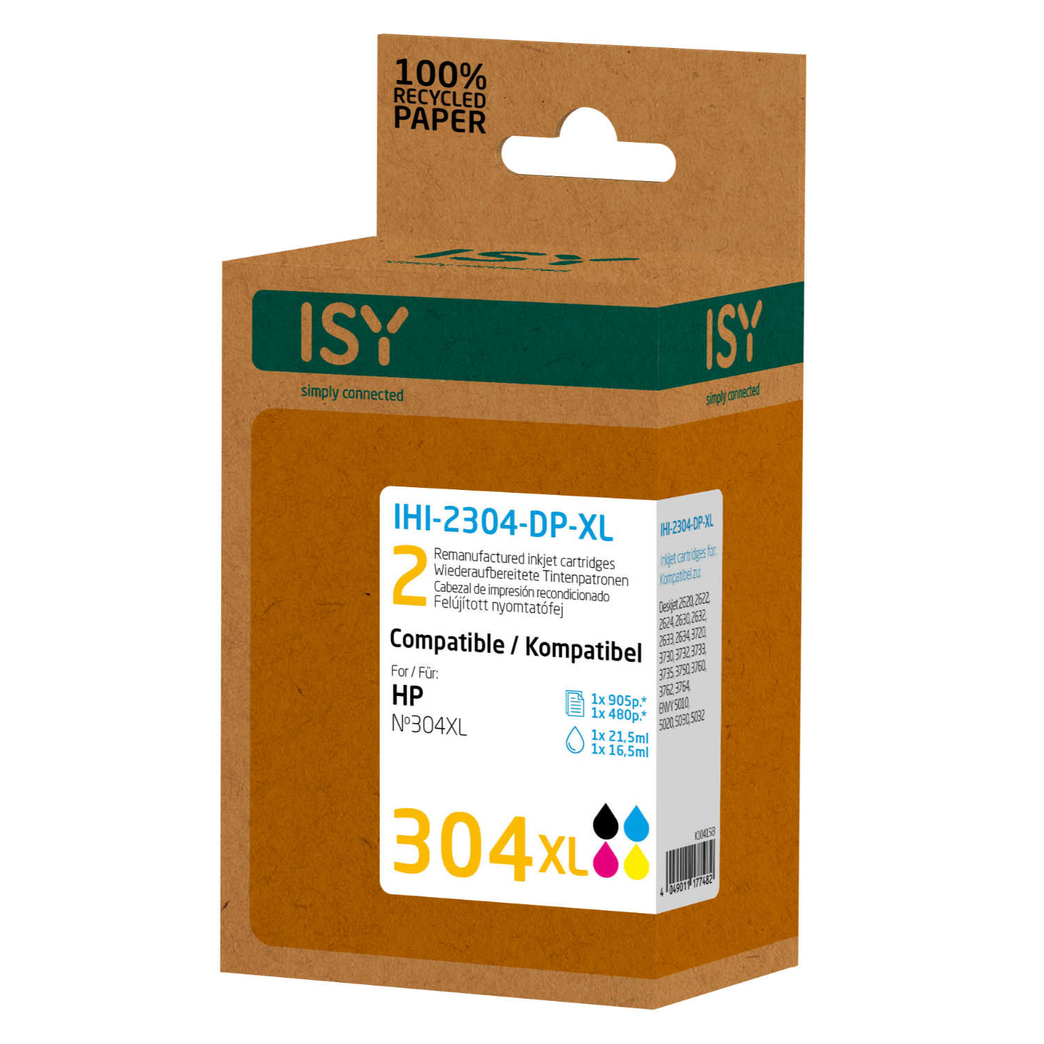 Bruine doos met een label voor inktcartridges, met product- en compatibiliteitsinformatie.