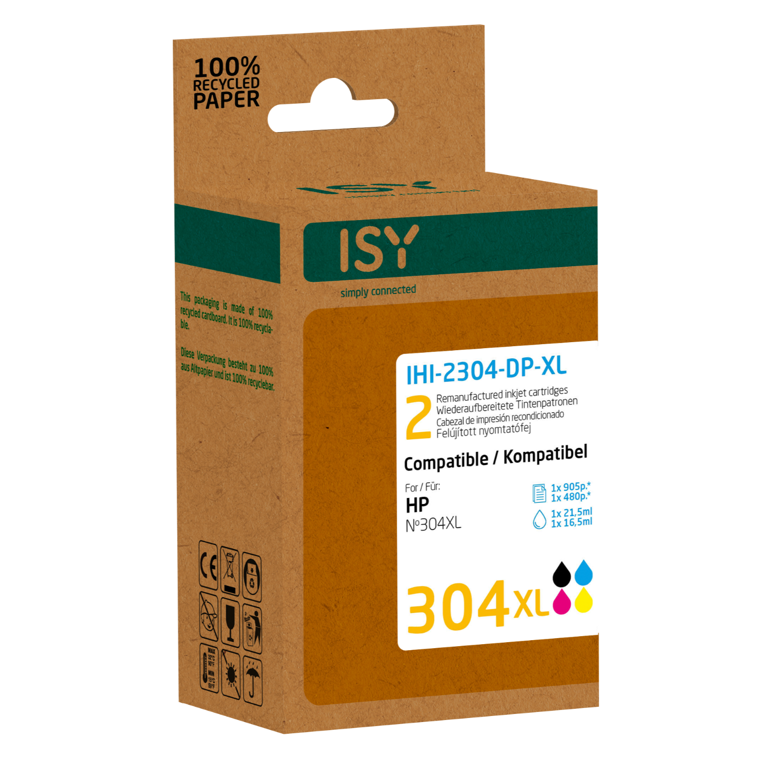 Kartonnen doos met bedrukte tekst. Er staat 'ISY' en 'gereviseerde inktcartridges'.