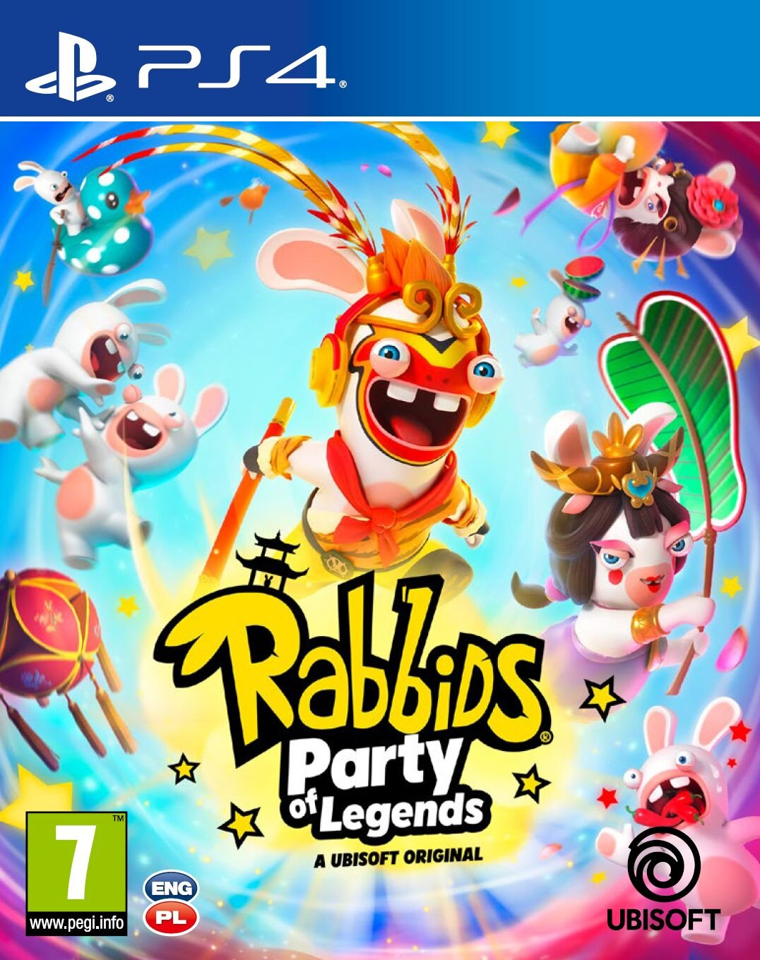 Pudełko z grą z Rabbids, tytułem 'Party of Legends' i logo PS4.