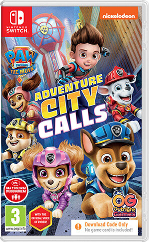 Okładka gry PAW Patrol: Adventure City Calls. Zawiera postacie z kreskówek: Rydera i szczeniaki. Tekst tytułu jest duży, pogrubiony i żółty.