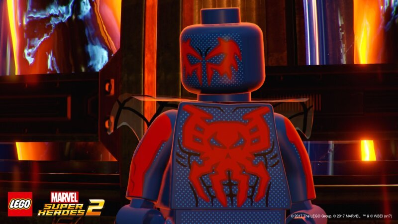 Figurka Lego Spider-Man 2099 w ciemnym pokoju.