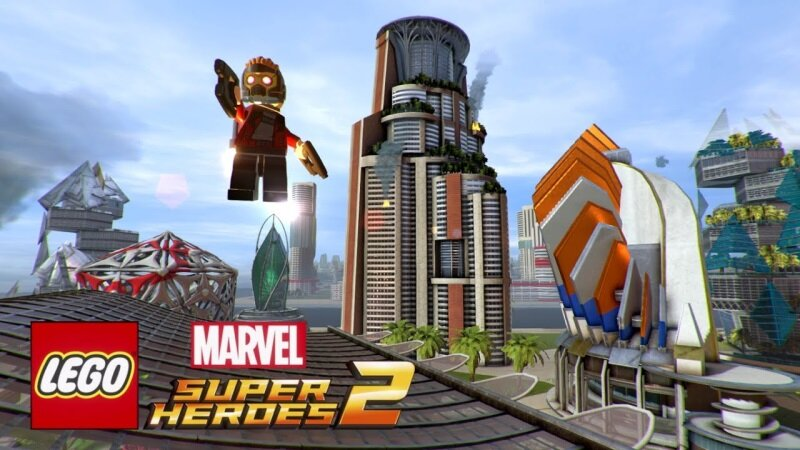 Scena z gry Lego Marvel Super Heroes 2 z latającą figurką Lego.