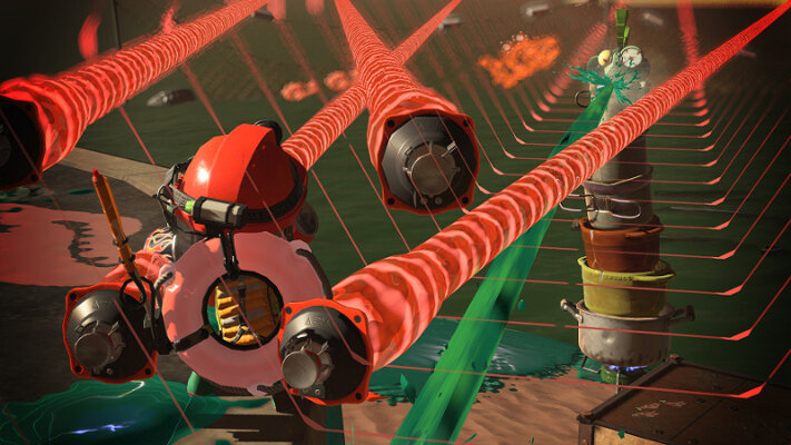 Scena z gry z pomarańczowymi wiązkami energii i postacią podobną do robota. Widoczne garnki.