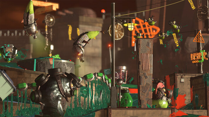 Tętniąca życiem scena gry z postaciami skaczącymi pośród kolorowych rozprysków farby i struktur przemysłowych.