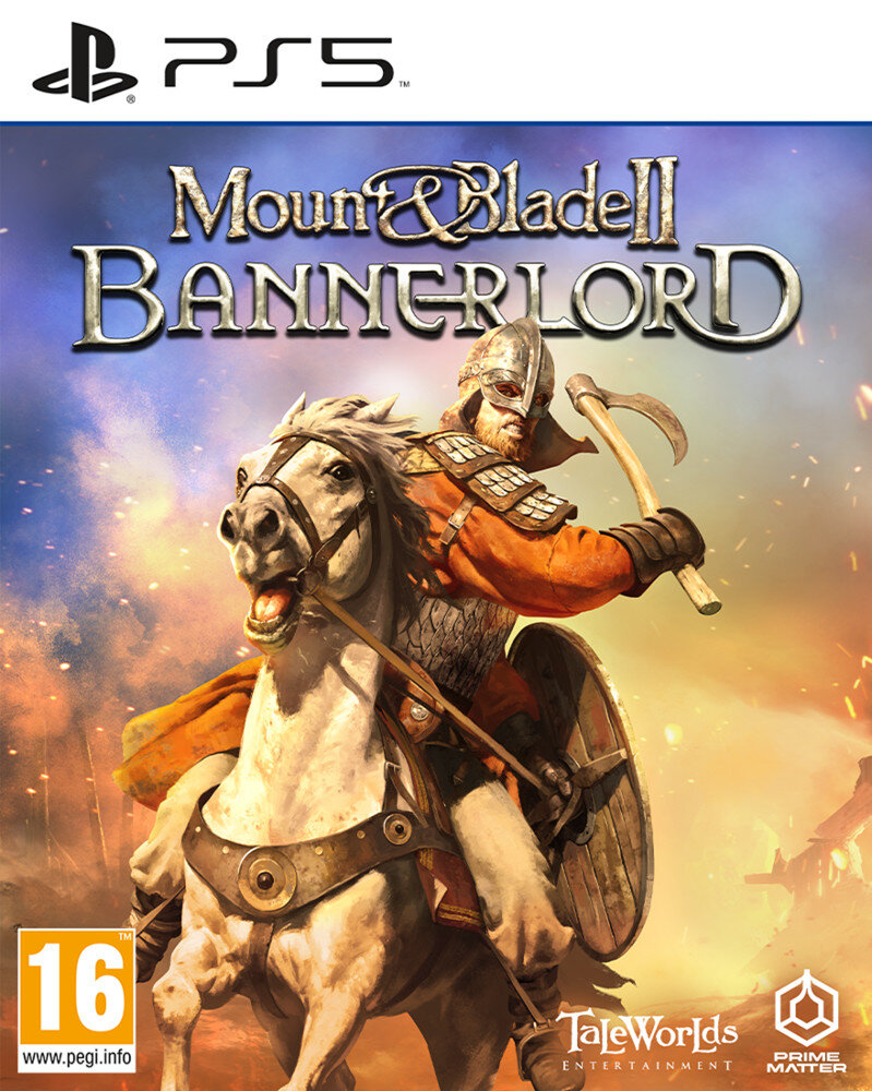 Okładka Mount & Blade II: Bannerlord. Rycerz na koniu z toporem, tytuł gry u góry, logo PS5 i klasyfikacja wiekowa w rogu.