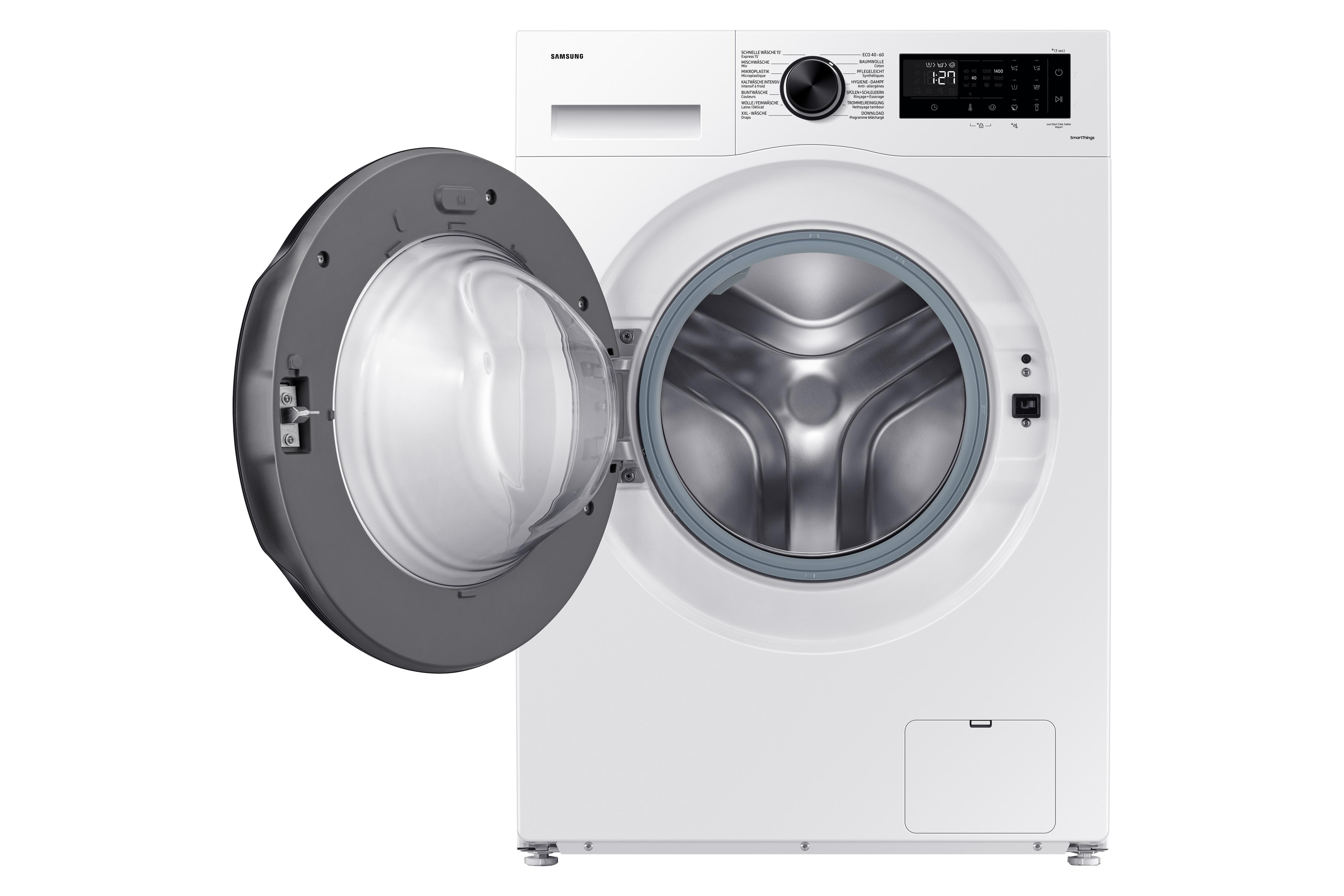 Weiße Samsung Waschmaschine mit geöffneter Tür, zeigt das Innere.