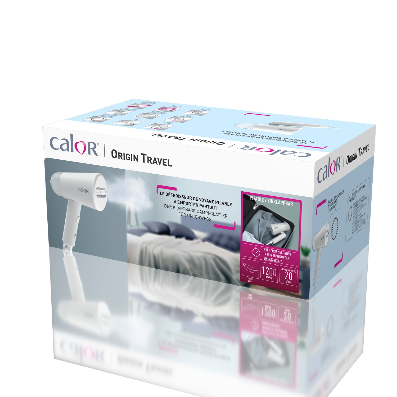 Calor reisstomerbox. Witte stomer, tekst en afbeeldingen op een lichtblauwe achtergrond.