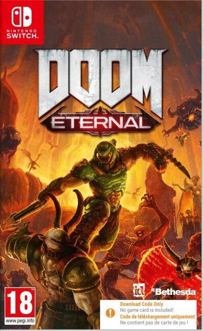 Pudełko gry Doom Eternal na Nintendo Switch z wojownikiem i postaciami demonów.