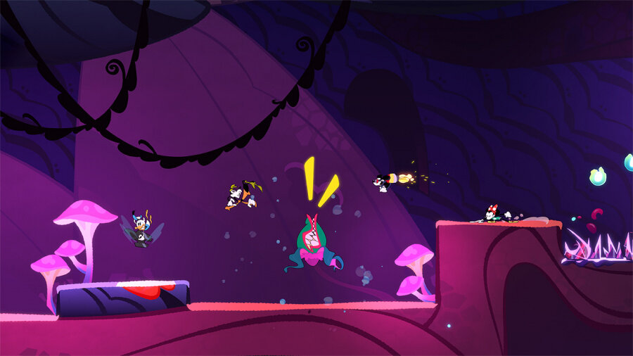 Scena z kreskówki z latającymi postaciami i platformami w jaskini z fioletowymi tonami.