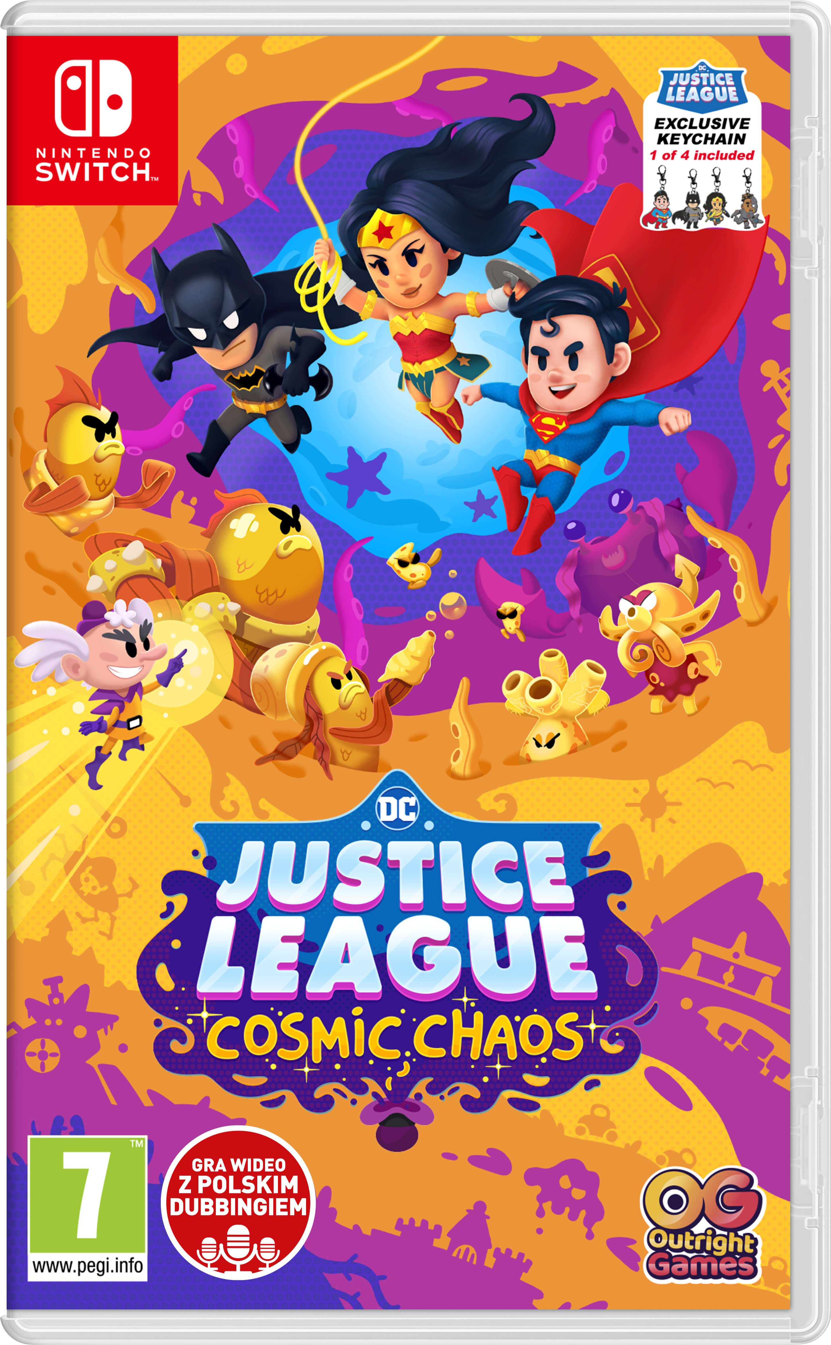 Okładka gry Nintendo Switch: Justice League Cosmic Chaos, z postaciami DC.