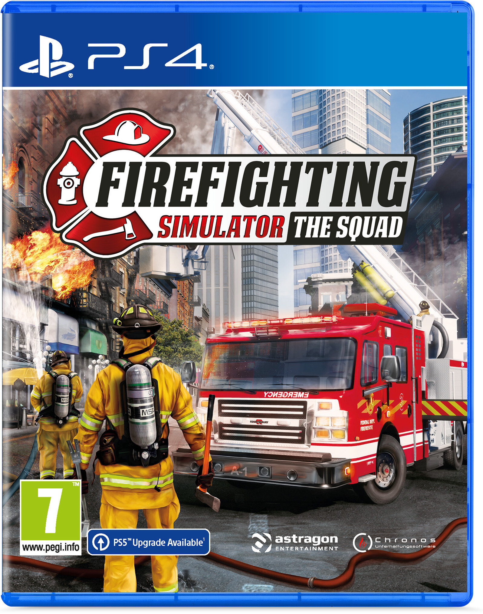 Okładka gry: Firefighting Simulator. Wóz strażacki, strażacy w żółtym sprzęcie, płomienie i budynki miejskie.