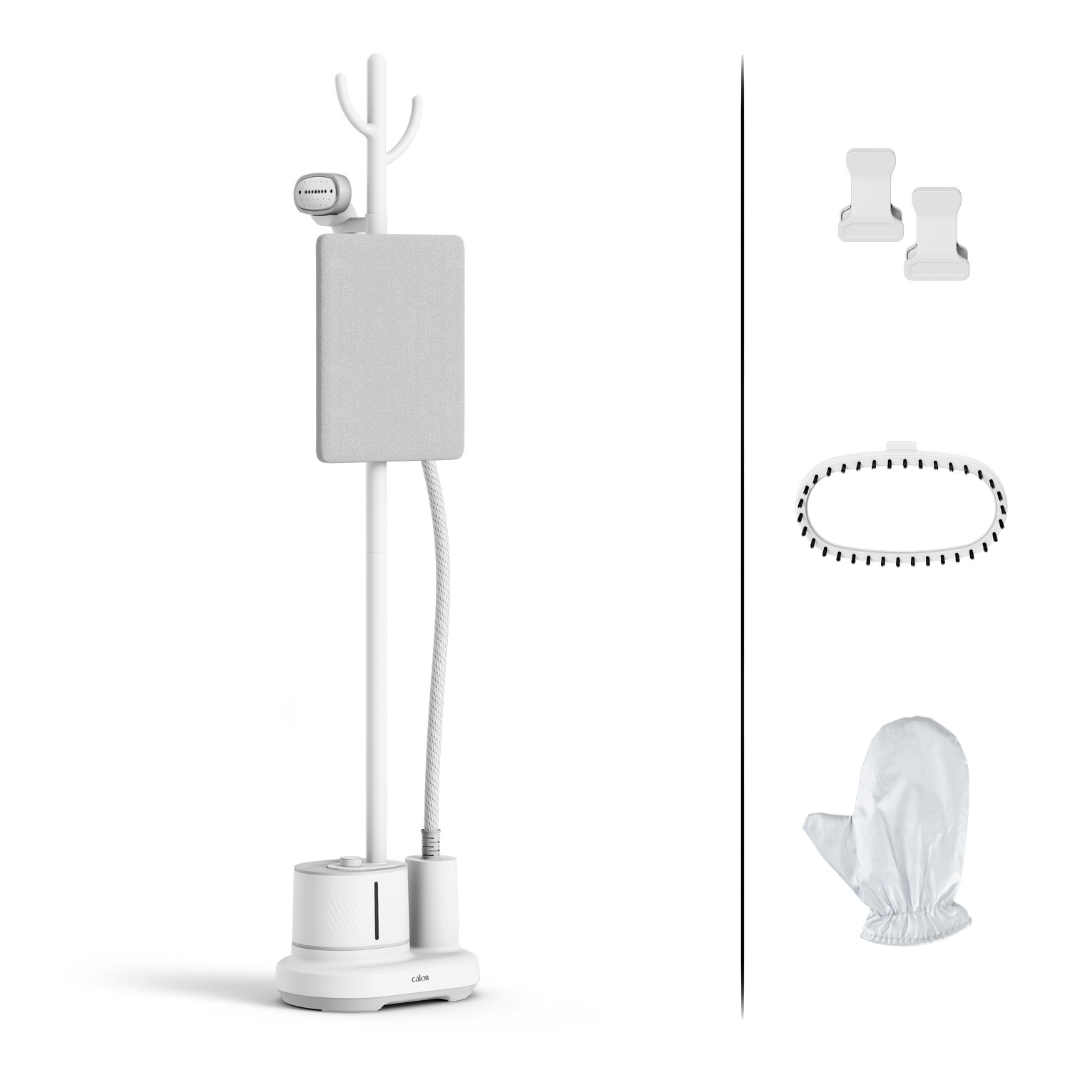 White garment steamer with accessories. Includes a mitt, clips, and a brush.