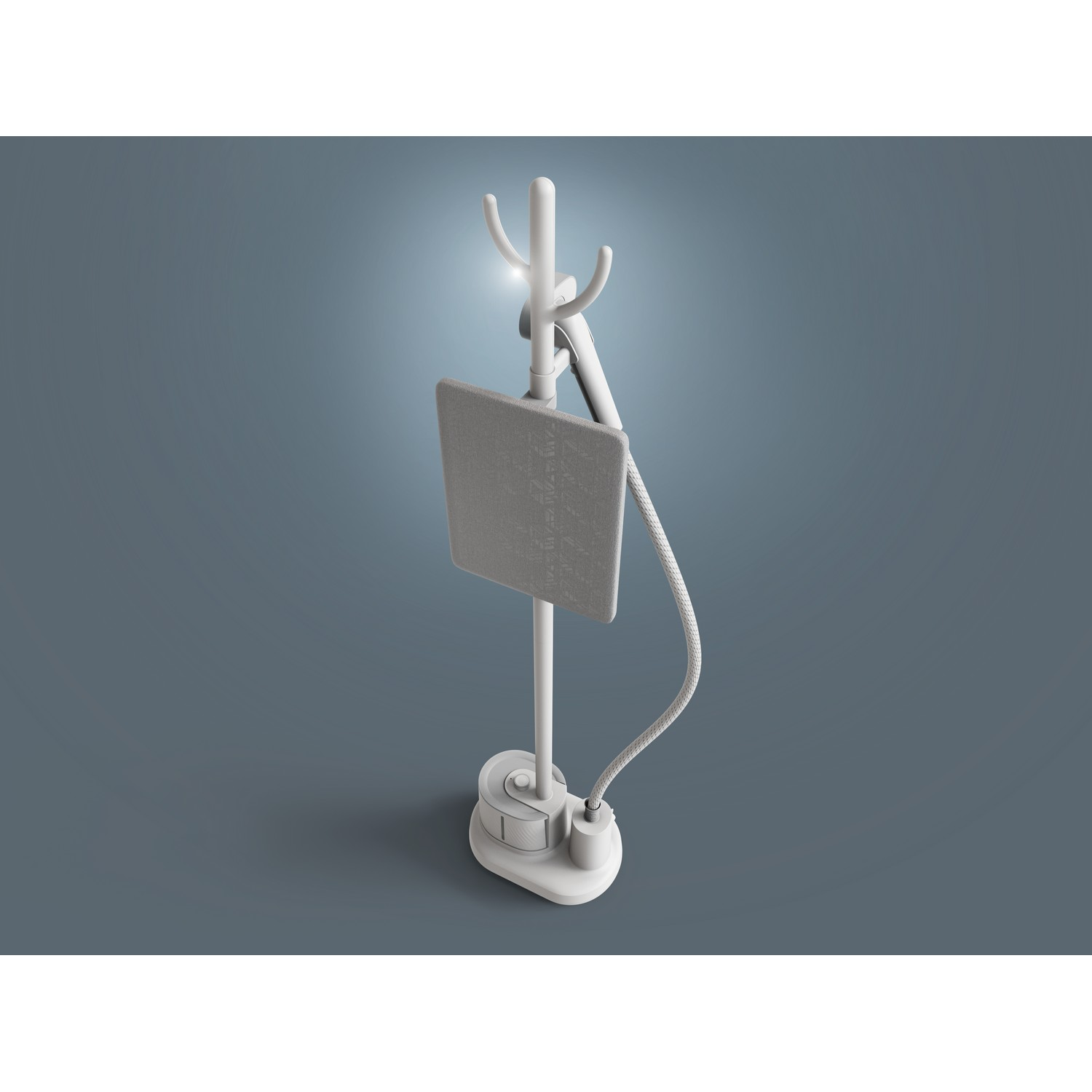 A white clothes steamer. It has a hanger and a rectangular steaming board.