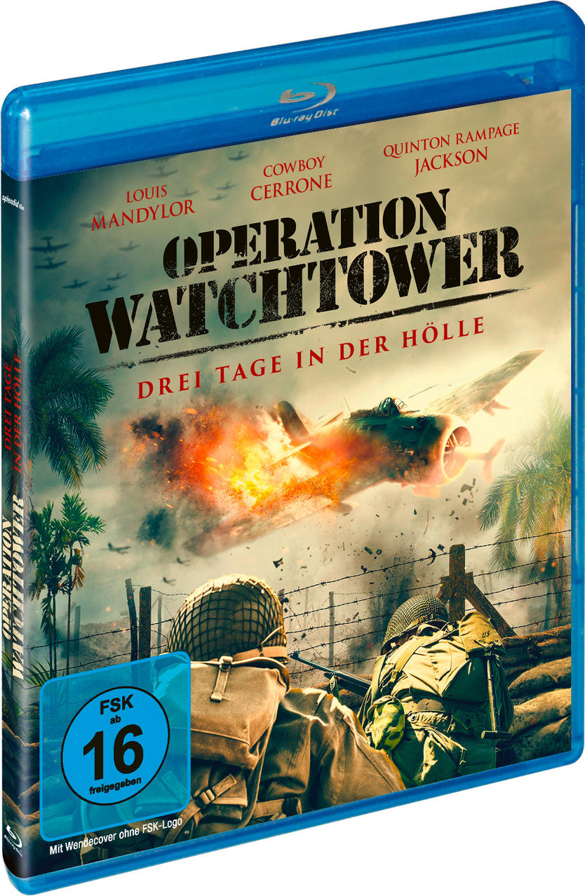Blu-ray-Disc-Hülle von 'Operation Watchtower'. Eine Kriegsszene mit Flugzeug und Soldaten.