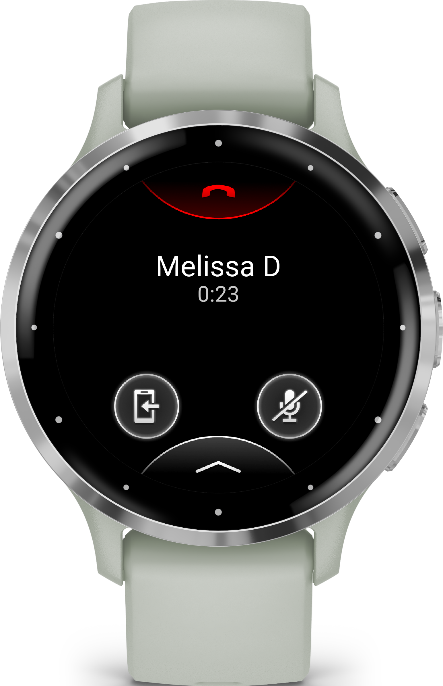 Eine Smartwatch, die einen eingehenden Anruf von Melissa D. mit Timer und Anrufsteuerungs-Symbolen anzeigt.