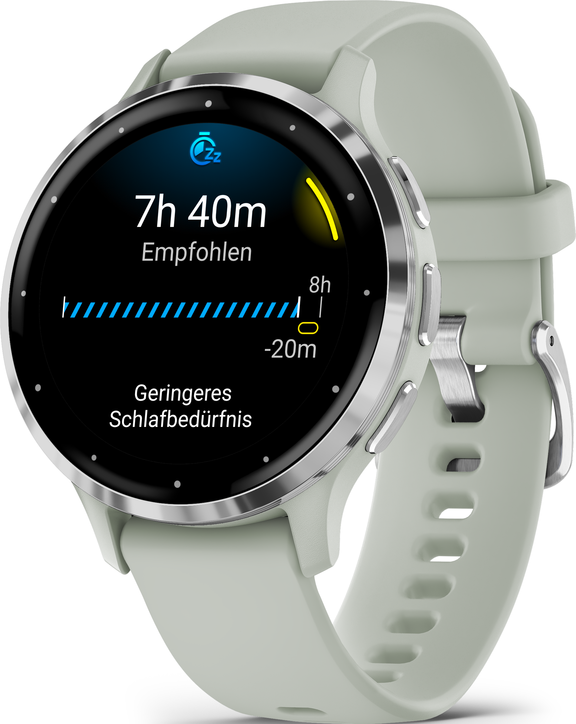Smartwatch, das Schlafdaten anzeigt. Uhr mit grünem Armband. Silberne Lünette.