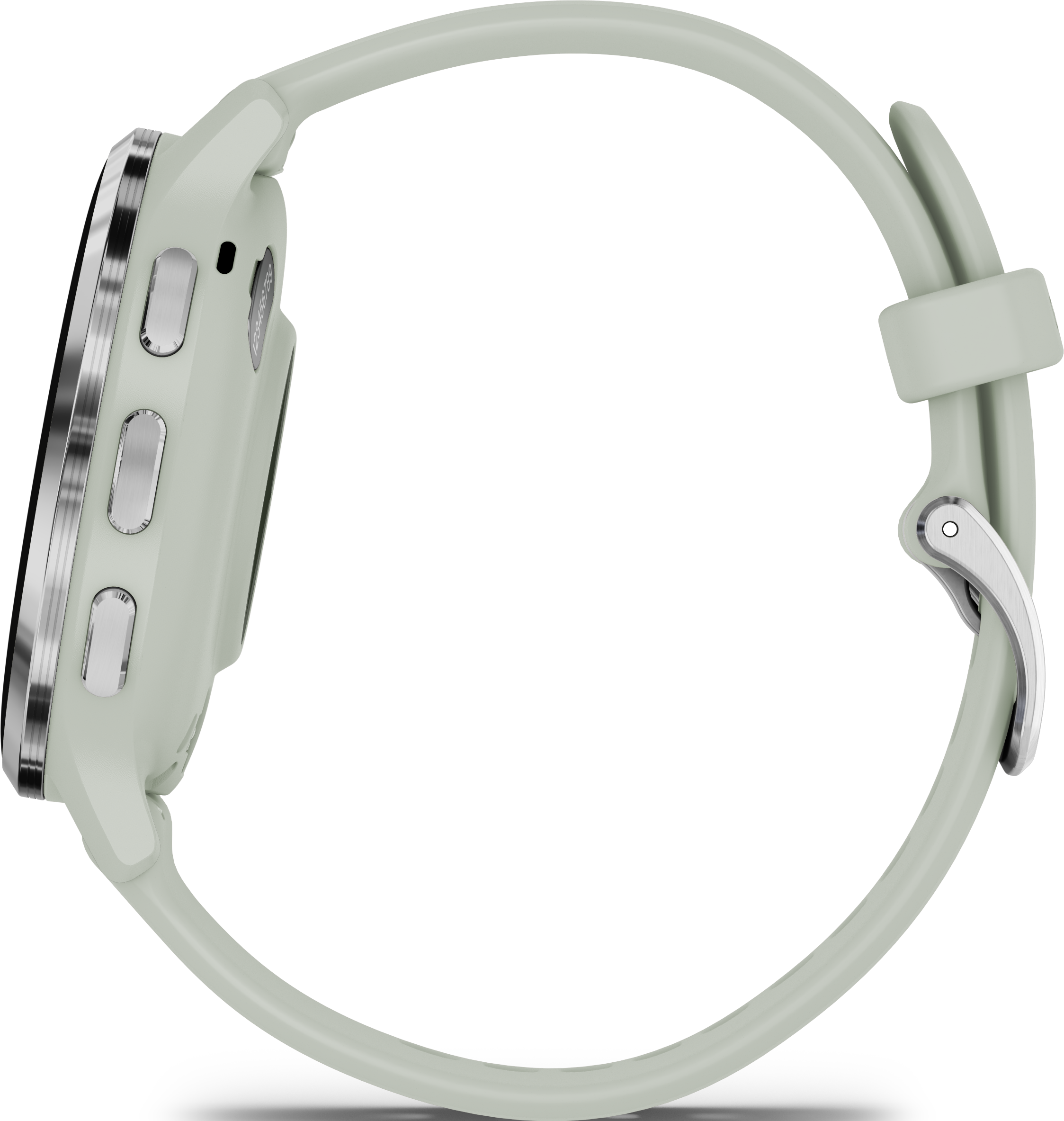 Seitenansicht einer hellgrünen Smartwatch mit grünem Armband und silberner Schnalle.