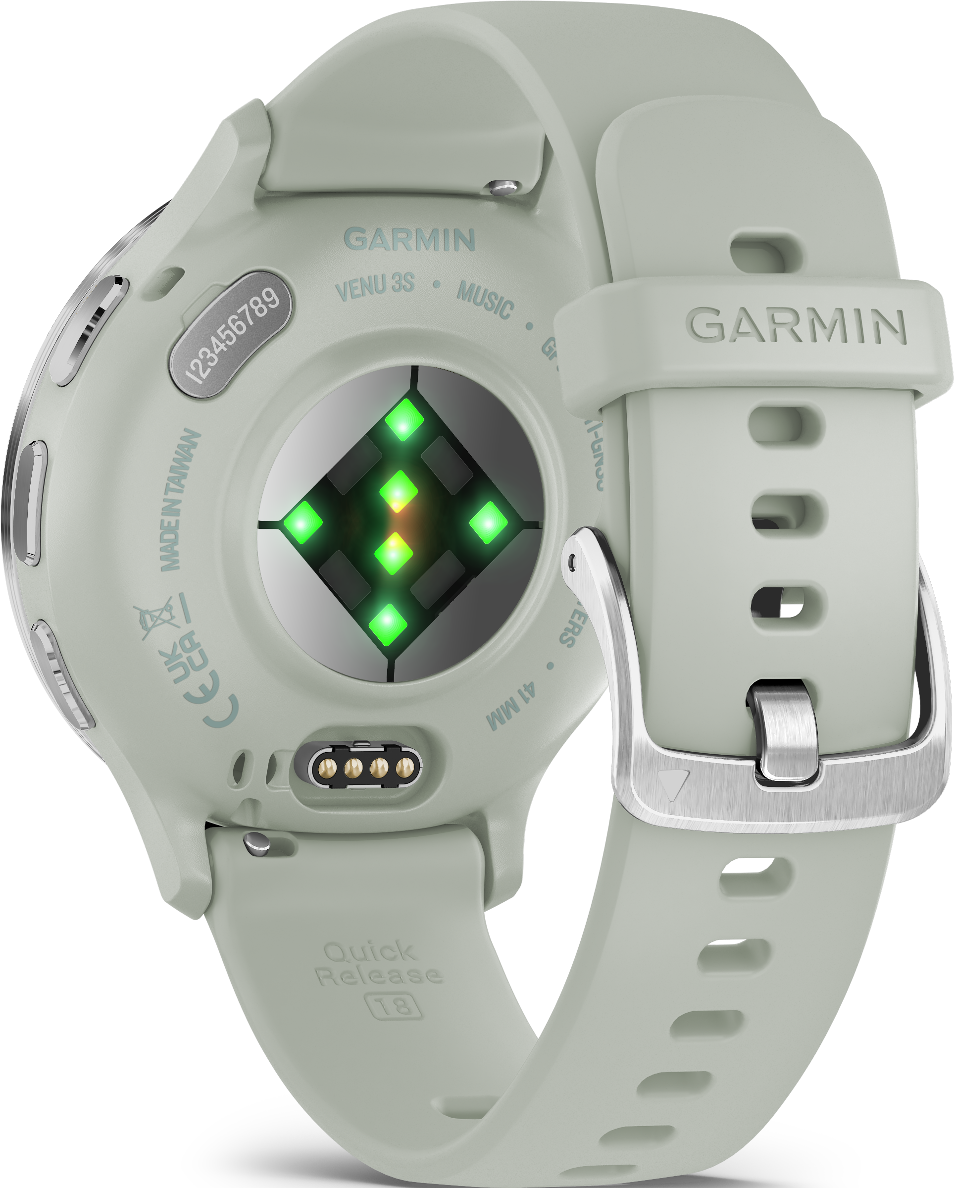 Rückansicht der Garmin Venu 3S Smartwatch mit grünem Herzfrequenzsensor.