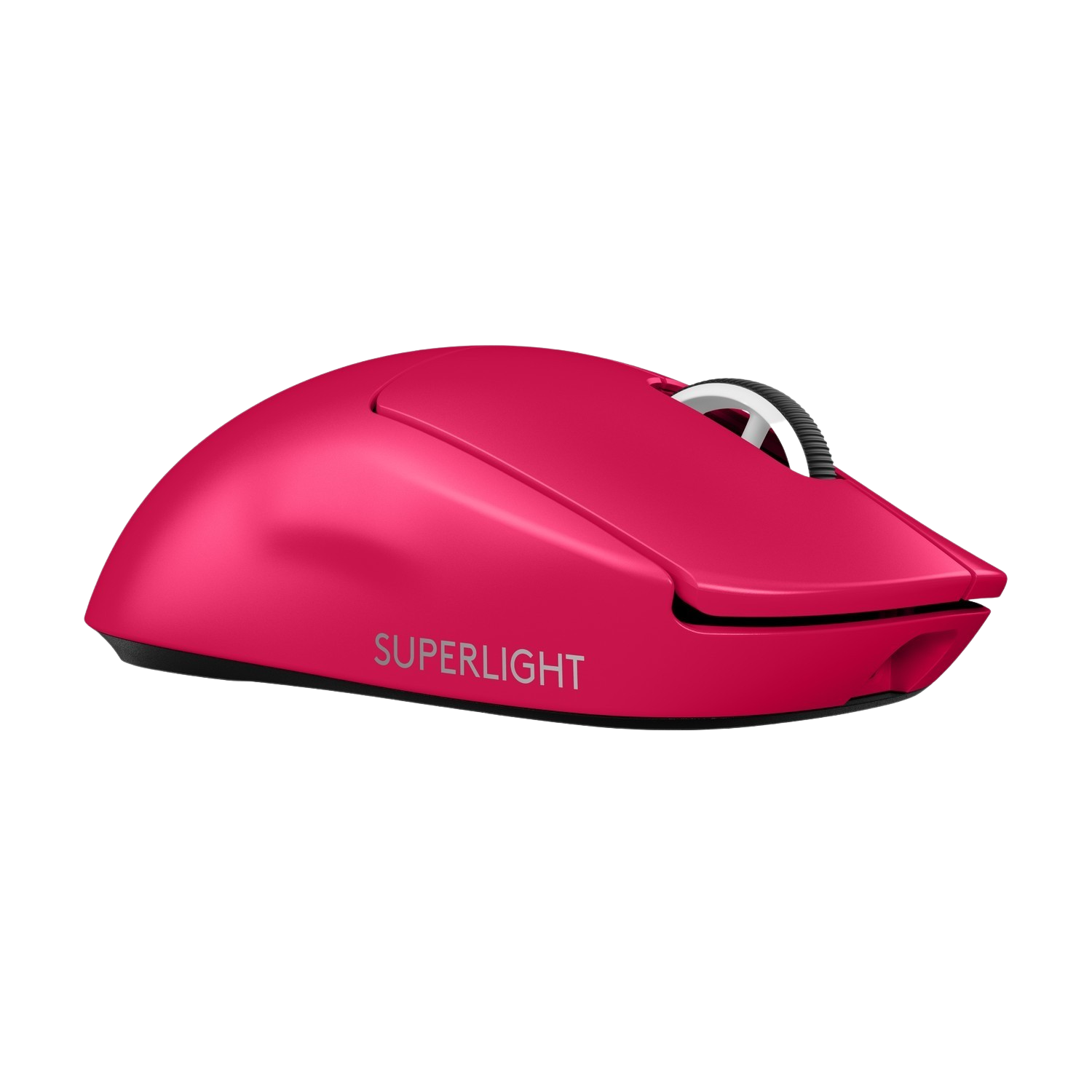 Pink computer mouse with black scroll wheel. The word SUPERLIGHT is written on the mouse.