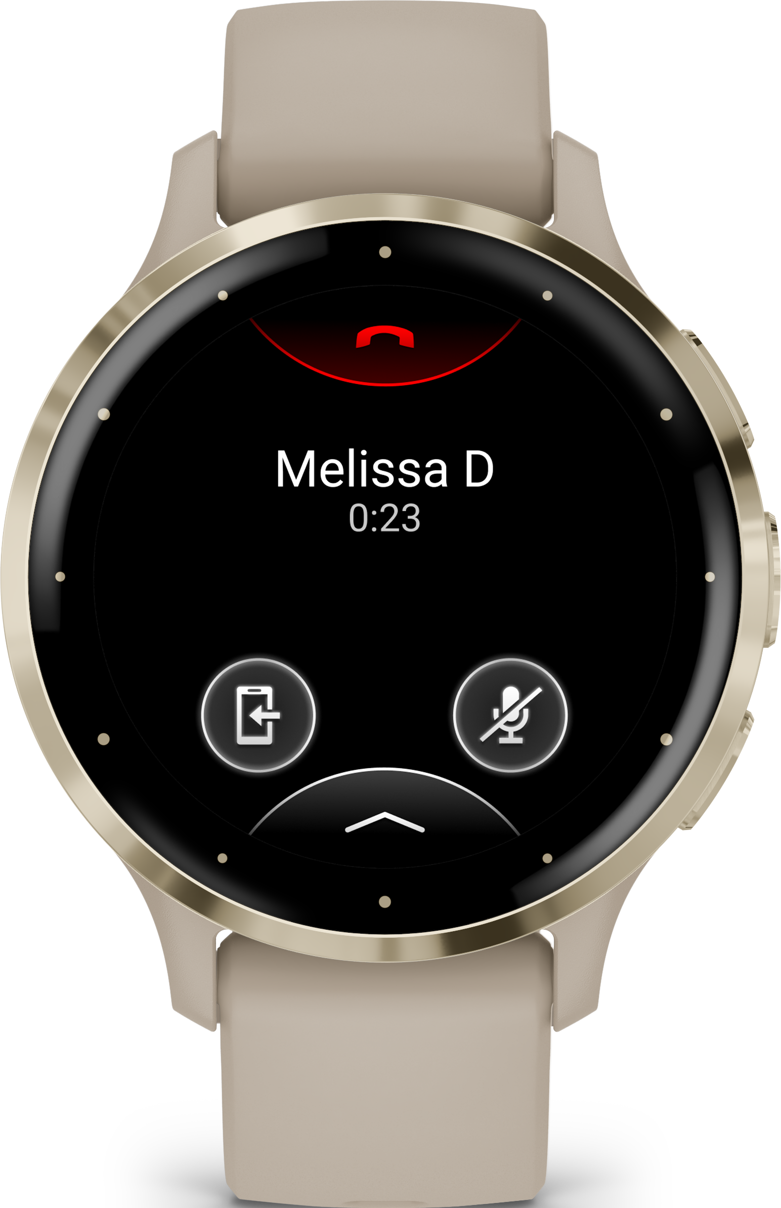 Eine Smartwatch zeigt einen eingehenden Anruf von Melissa D an, mit Optionen zum Annehmen und Stummschalten.
