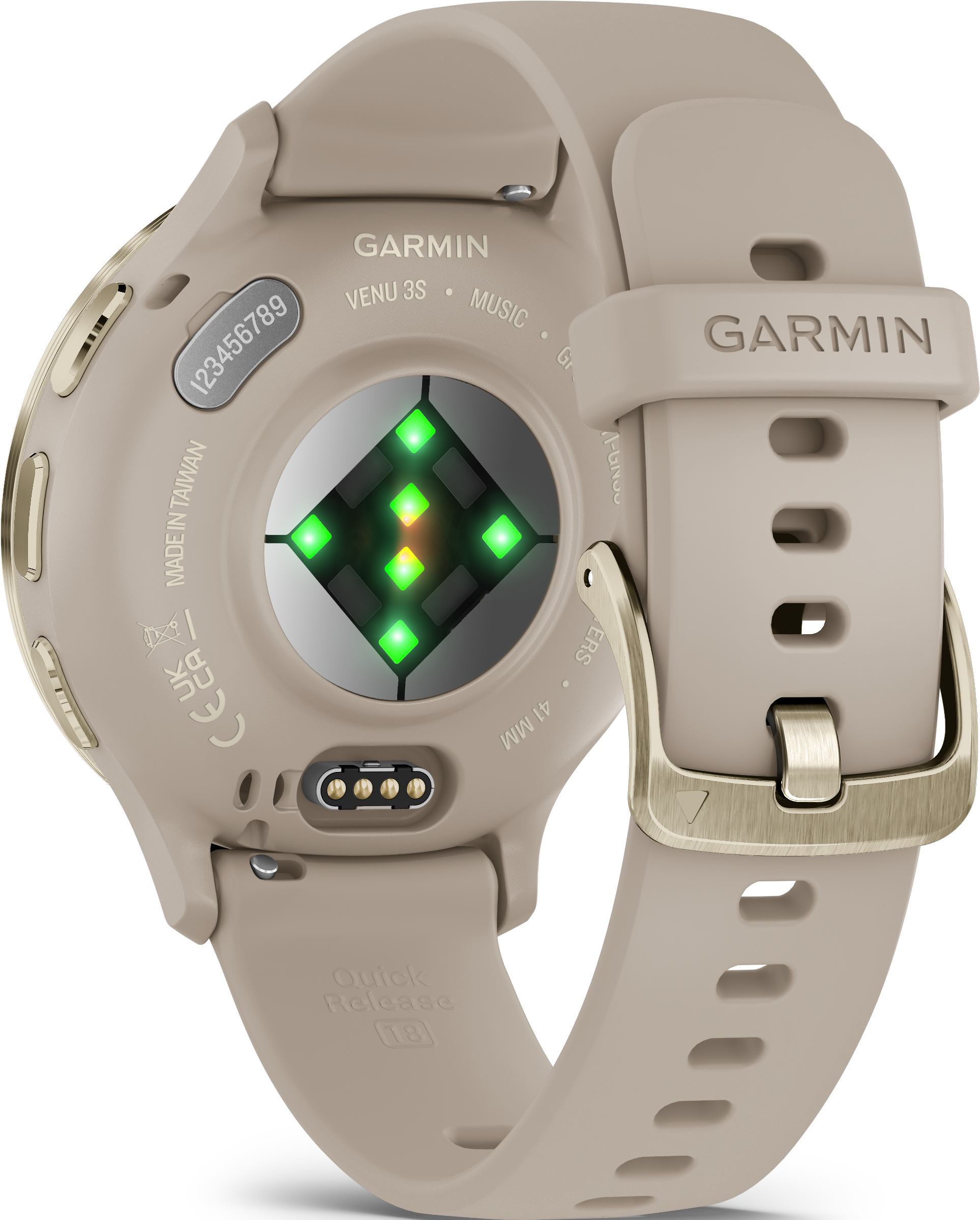Beige Garmin-Uhrenrückseite. Der Herzfrequenzsensor leuchtet grün. Armband mit Garmin-Logo und Verschluss. Uhr sagt Venu 3S und Music.