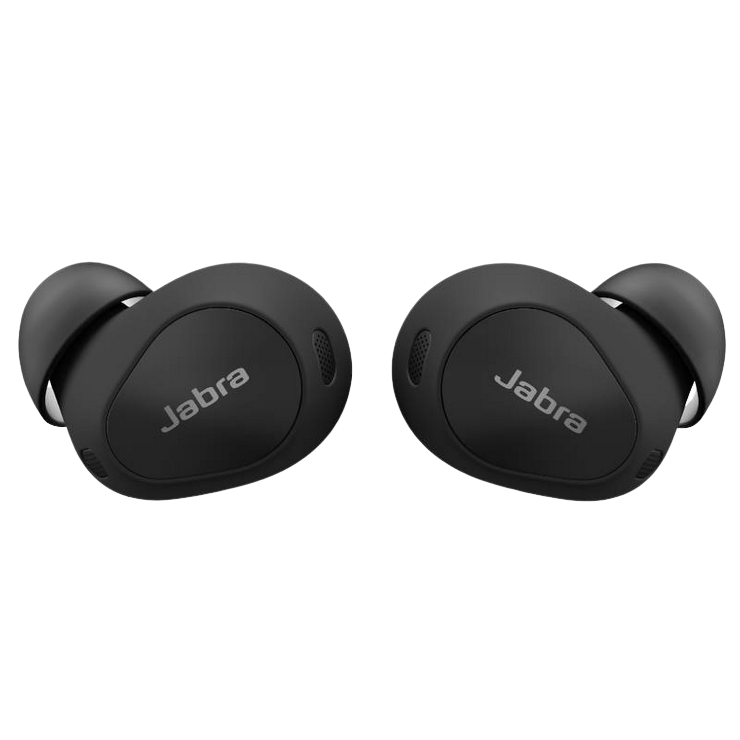 Twee zwarte Jabra oordopjes. Ze hebben een gebogen vorm en het Jabra-logo. Zwarte achtergrond.