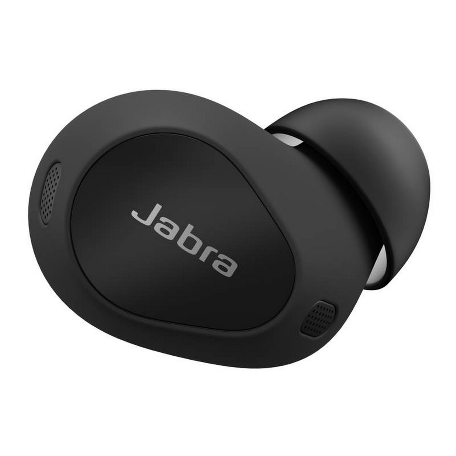 Zwarte Jabra-oordop met merknaam. Het heeft een glad, gebogen ontwerp.