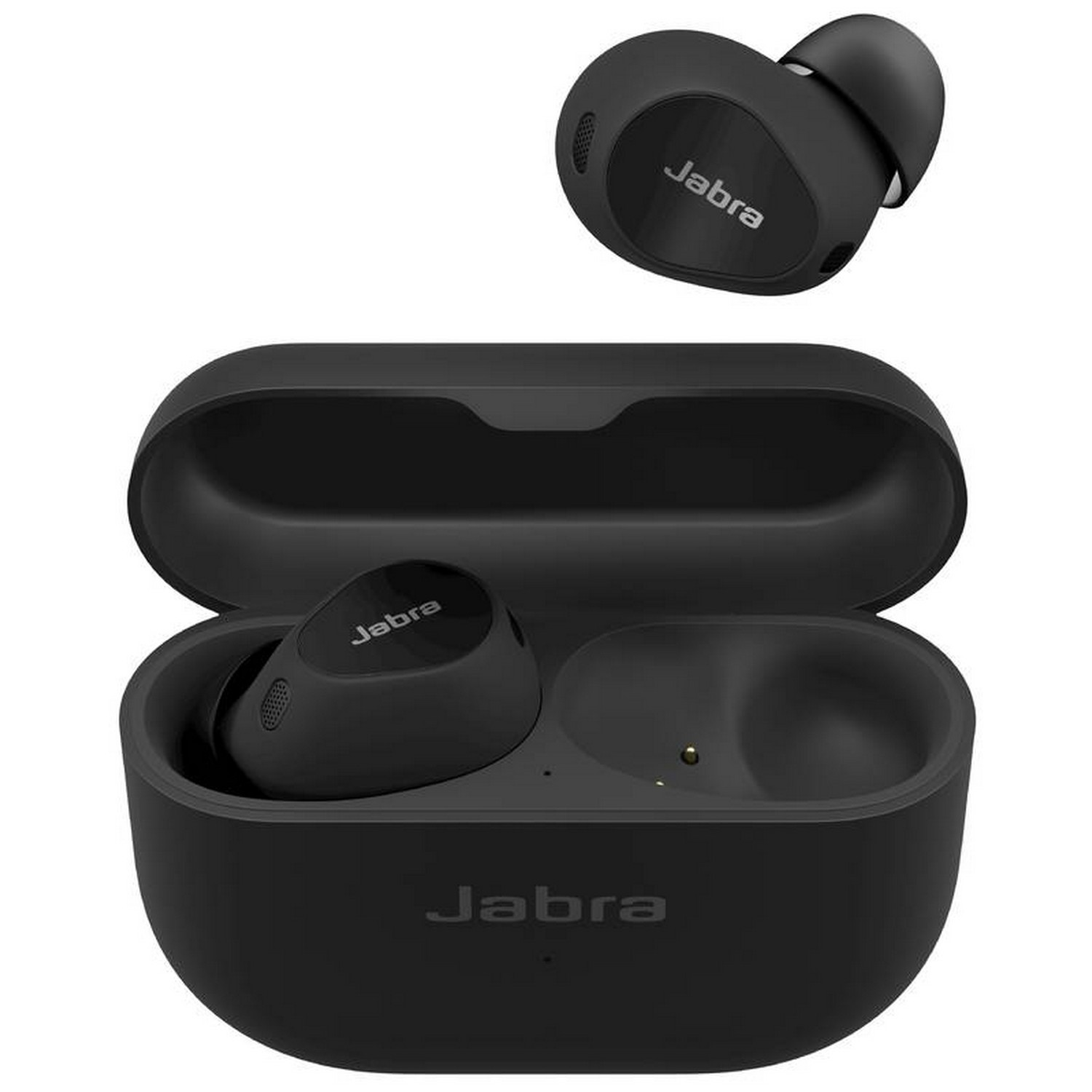 Zwarte Jabra oordopjes in een oplaadcase.