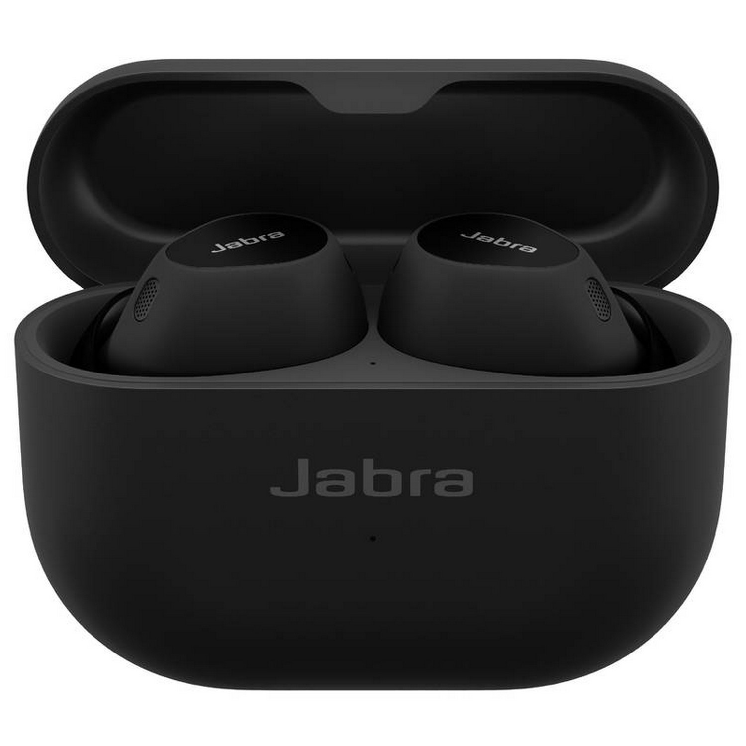 Zwarte Jabra oordopjes in een oplaadcase. 'Jabra' staat op de case en oordopjes.