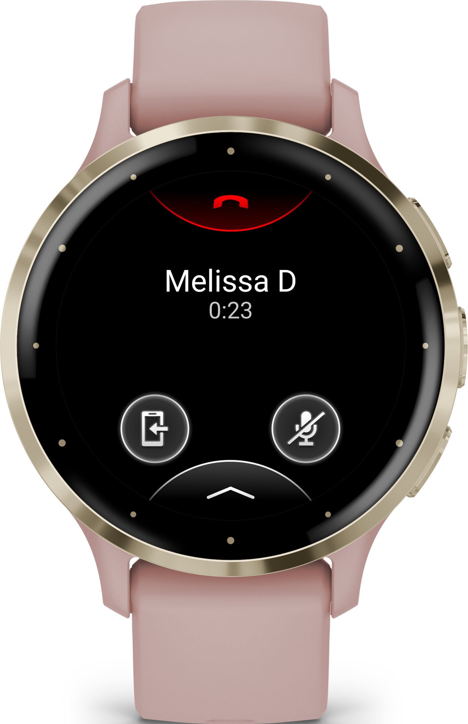 Eine Smartwatch zeigt einen eingehenden Anruf von „Melissa D“ mit Anrufsteuerungen an.