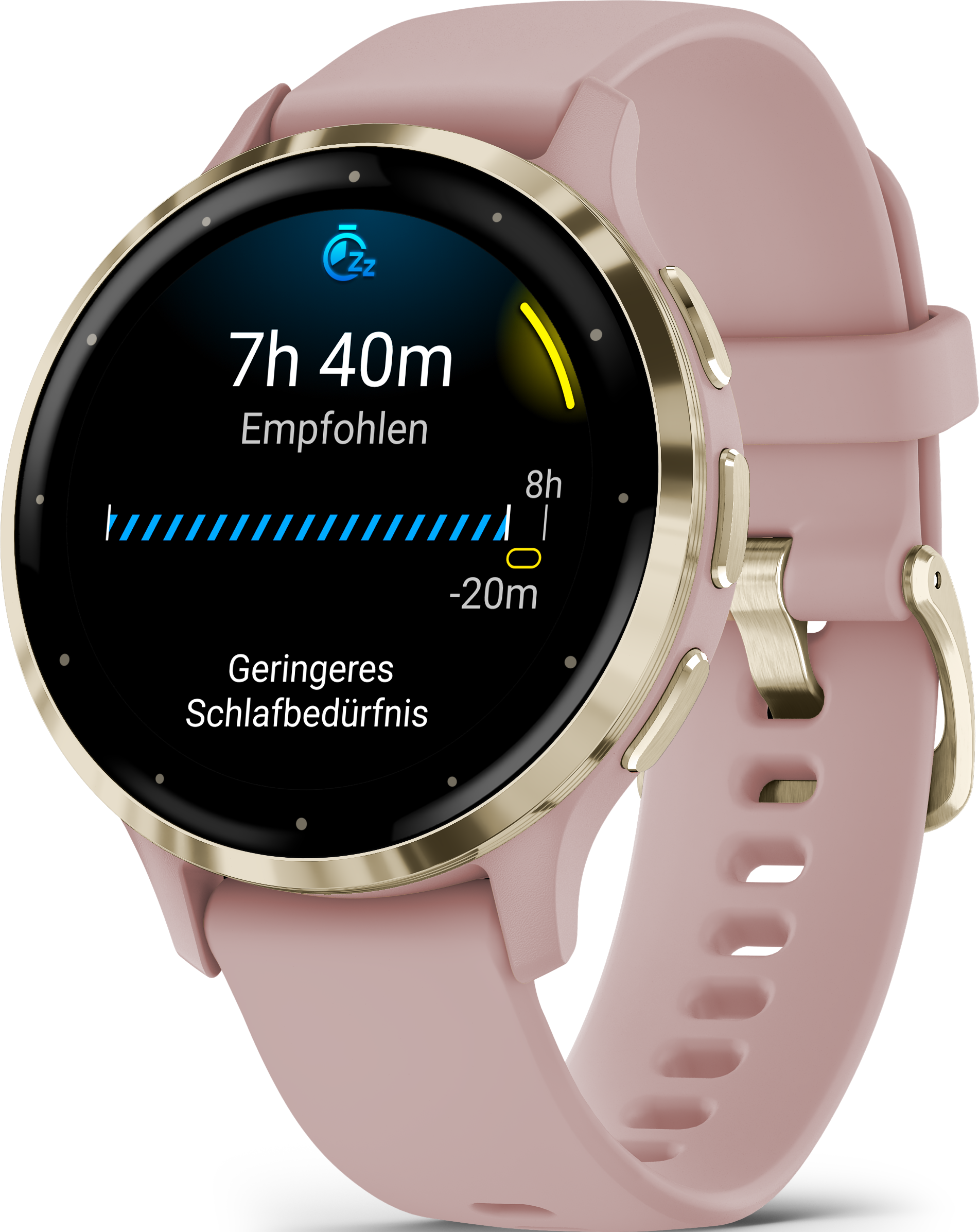 Eine rosa Smartwatch zeigt Schlafinformationen mit einer goldfarbenen Lünette an.