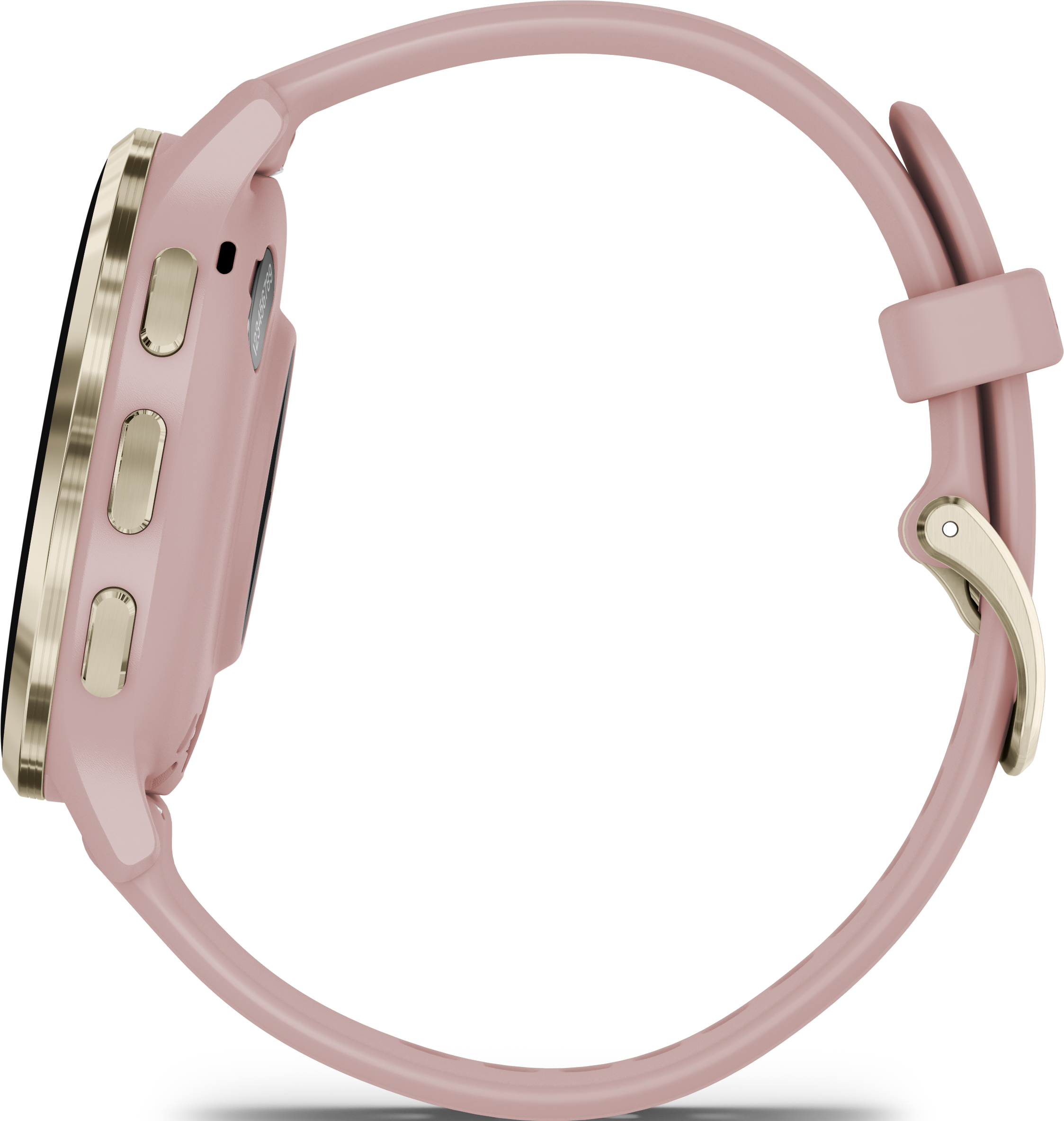 Eine rosa Smartwatch mit goldener Lünette und rosa Armband. Die Seite zeigt Knöpfe und ein Display.
