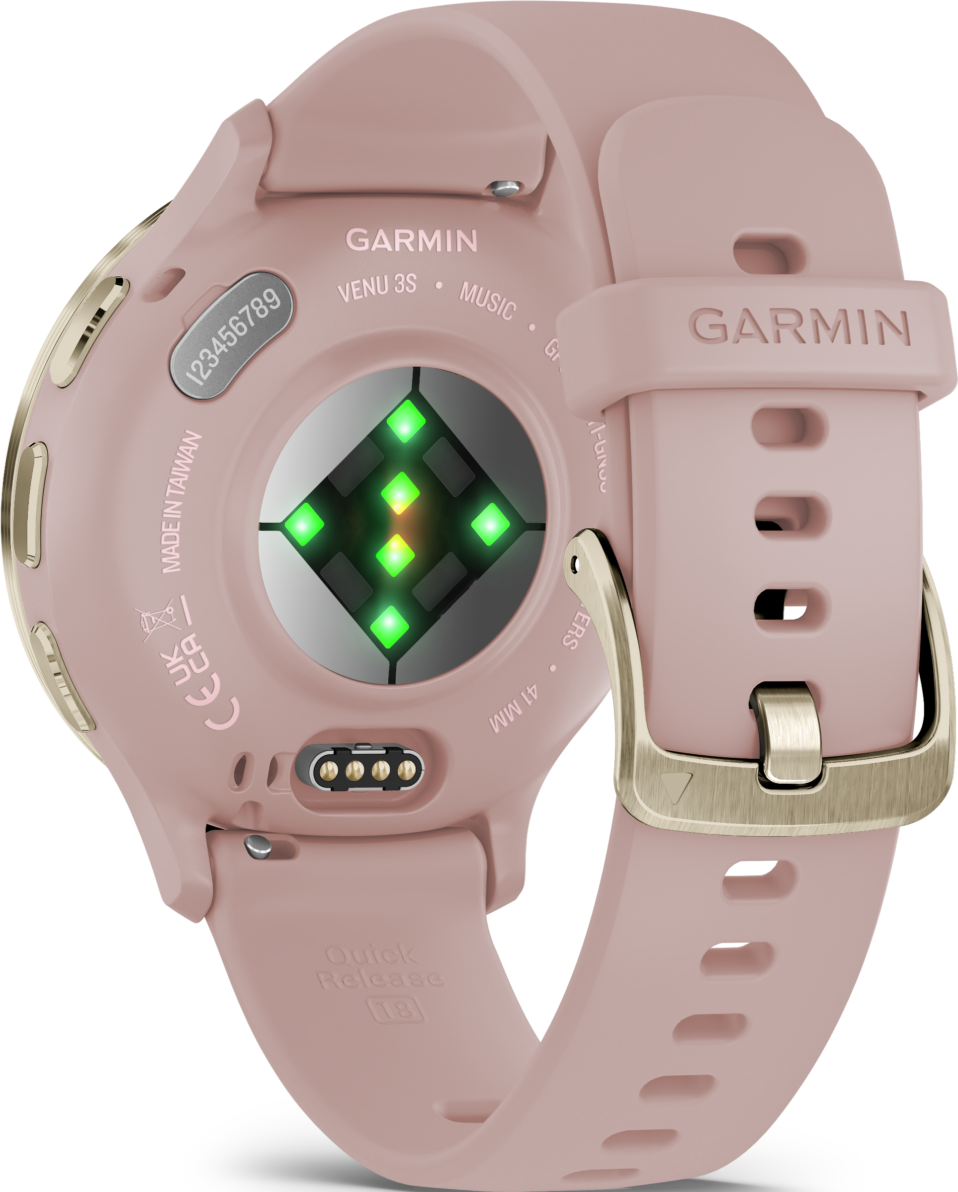 Rückseite einer rosa Smartwatch mit Herzfrequenzsensor, Marke Garmin und Armband.