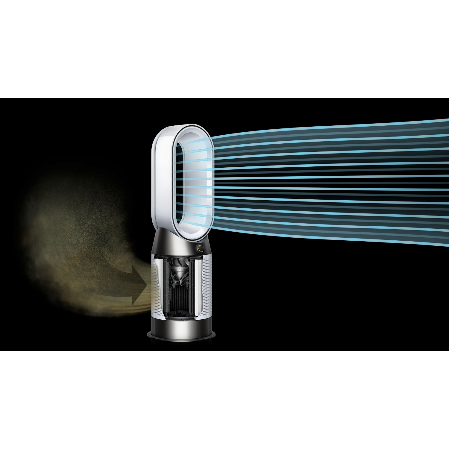 Dyson-ventilator, wit en zilver, blaast lucht. Een luchtstroom is zichtbaar, die stof naar links duwt.