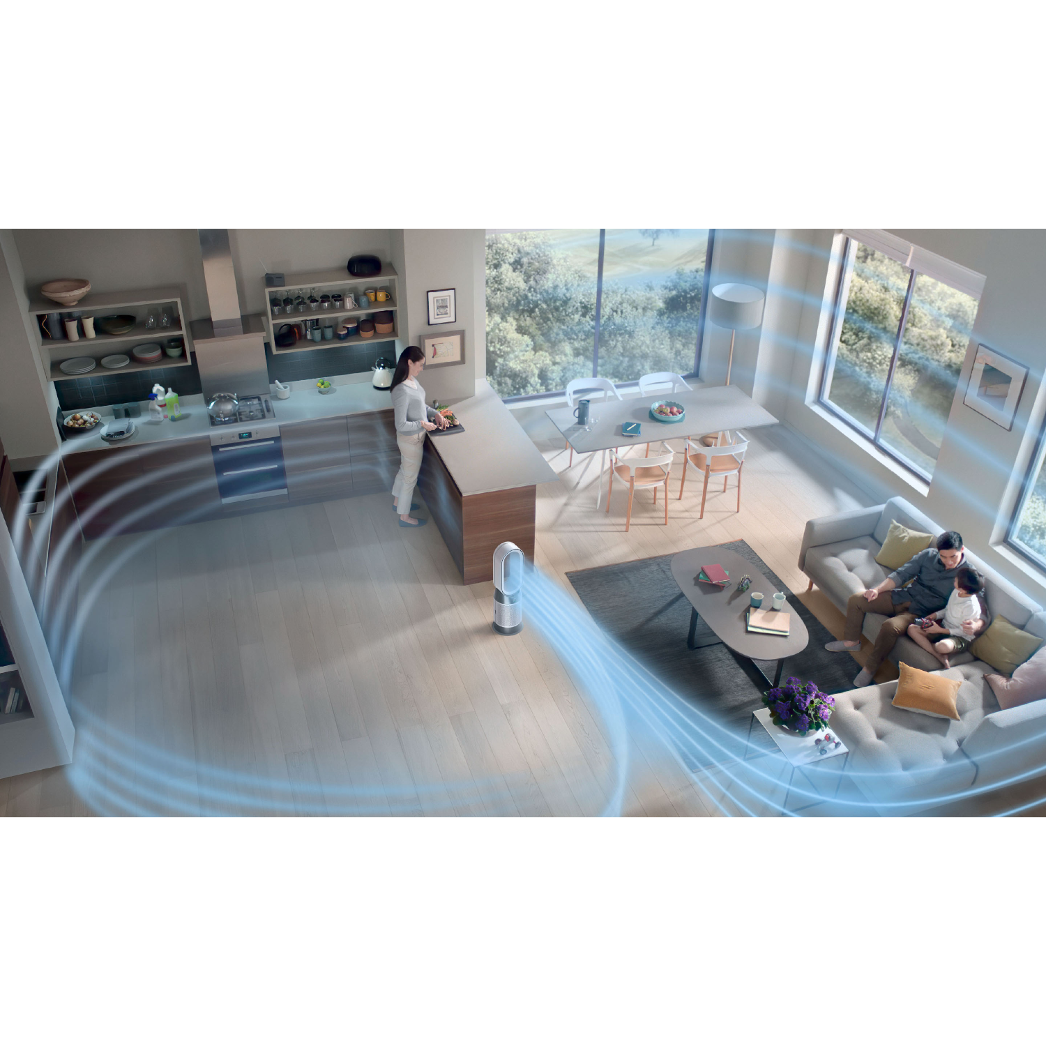 Een modern interieur met een vrouw in een keuken en een gezin in een woonkamer, met luchtreiniger.