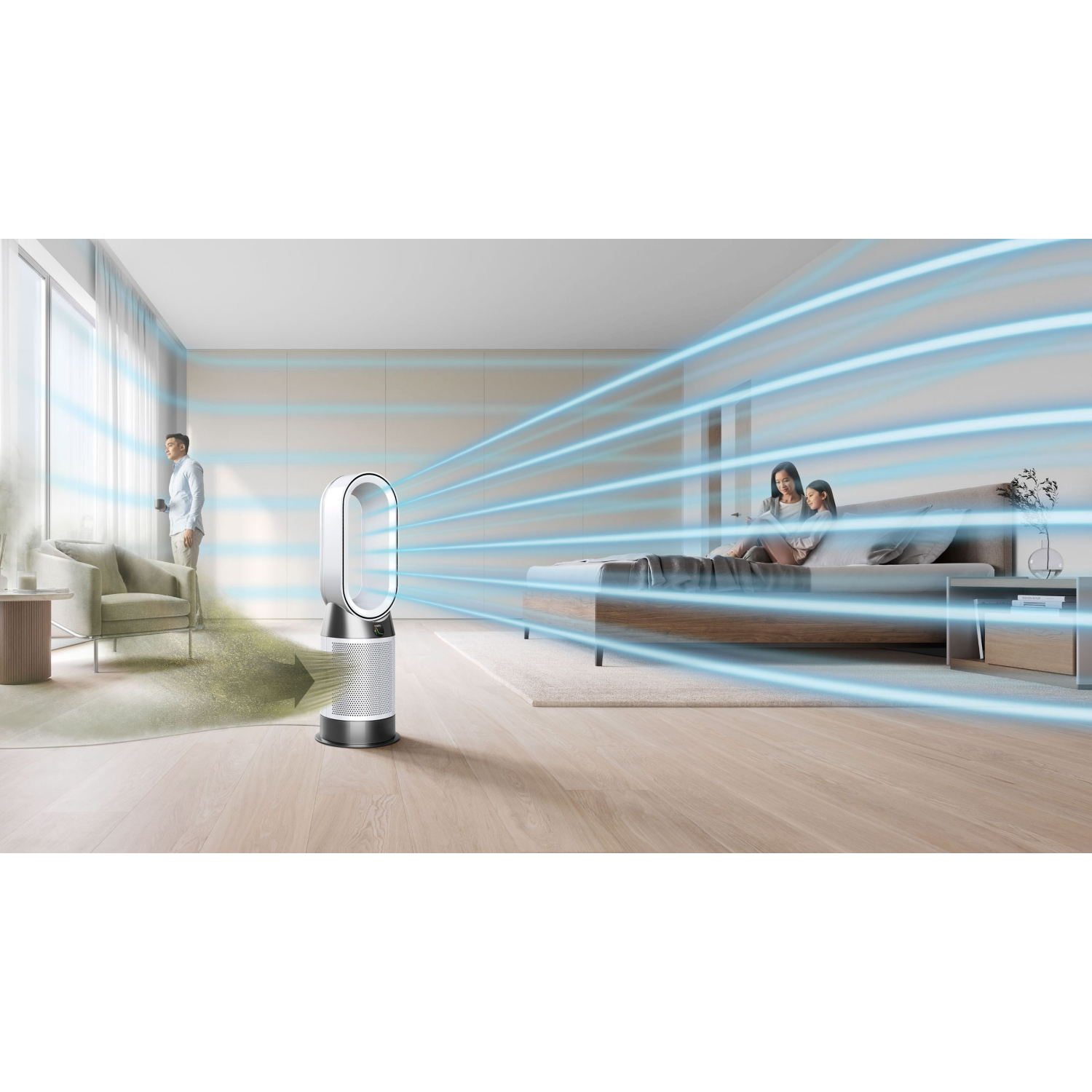 Een moderne kamer met een Dyson-ventilator die lucht blaast, een persoon en een stel.