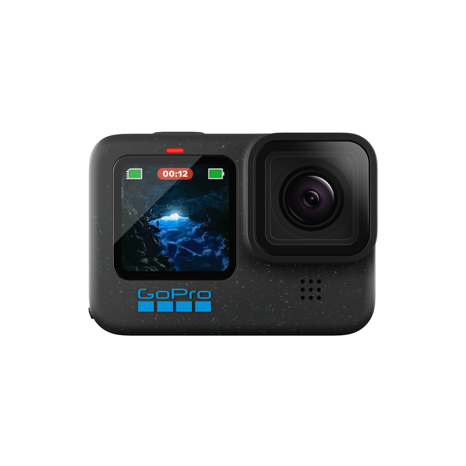 GoPro camera met een scherm met een waterlandschap en een timer.