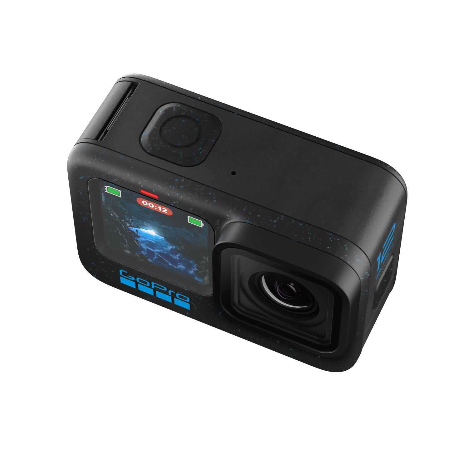 Black GoPro camera with a screen showing a water scene, angled on a black surface.