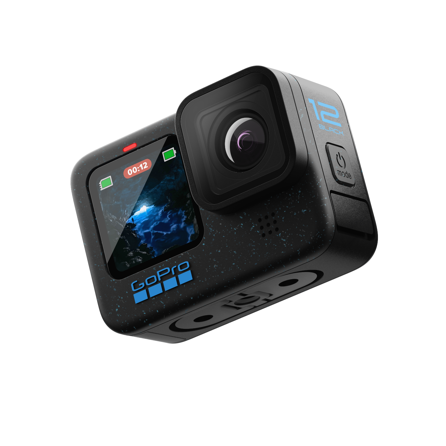 Black GoPro camera with blue accents. Power and mode buttons on the side.