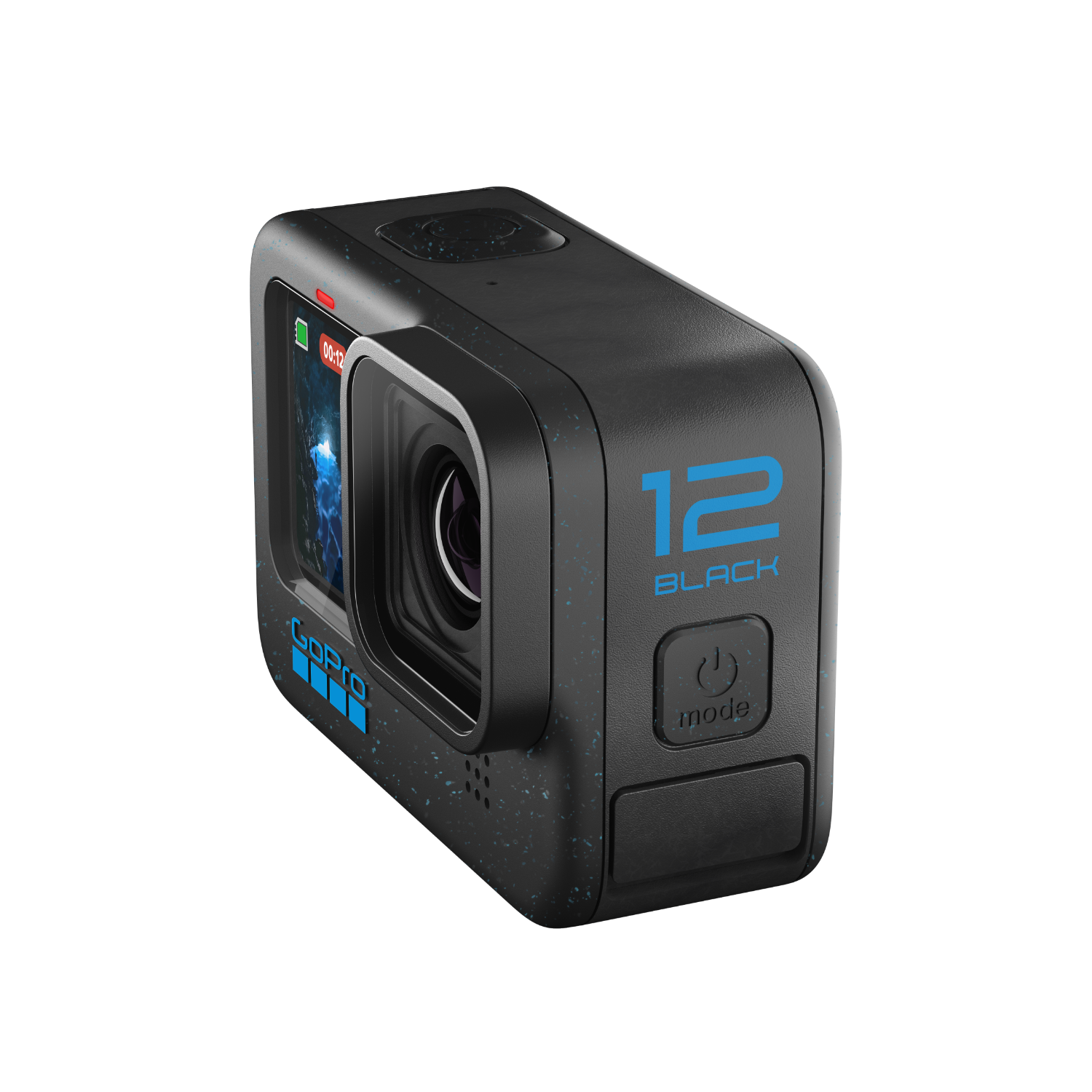 Black GoPro 12 camera. It has a screen, lens, and buttons. The text '12 BLACK' is displayed.