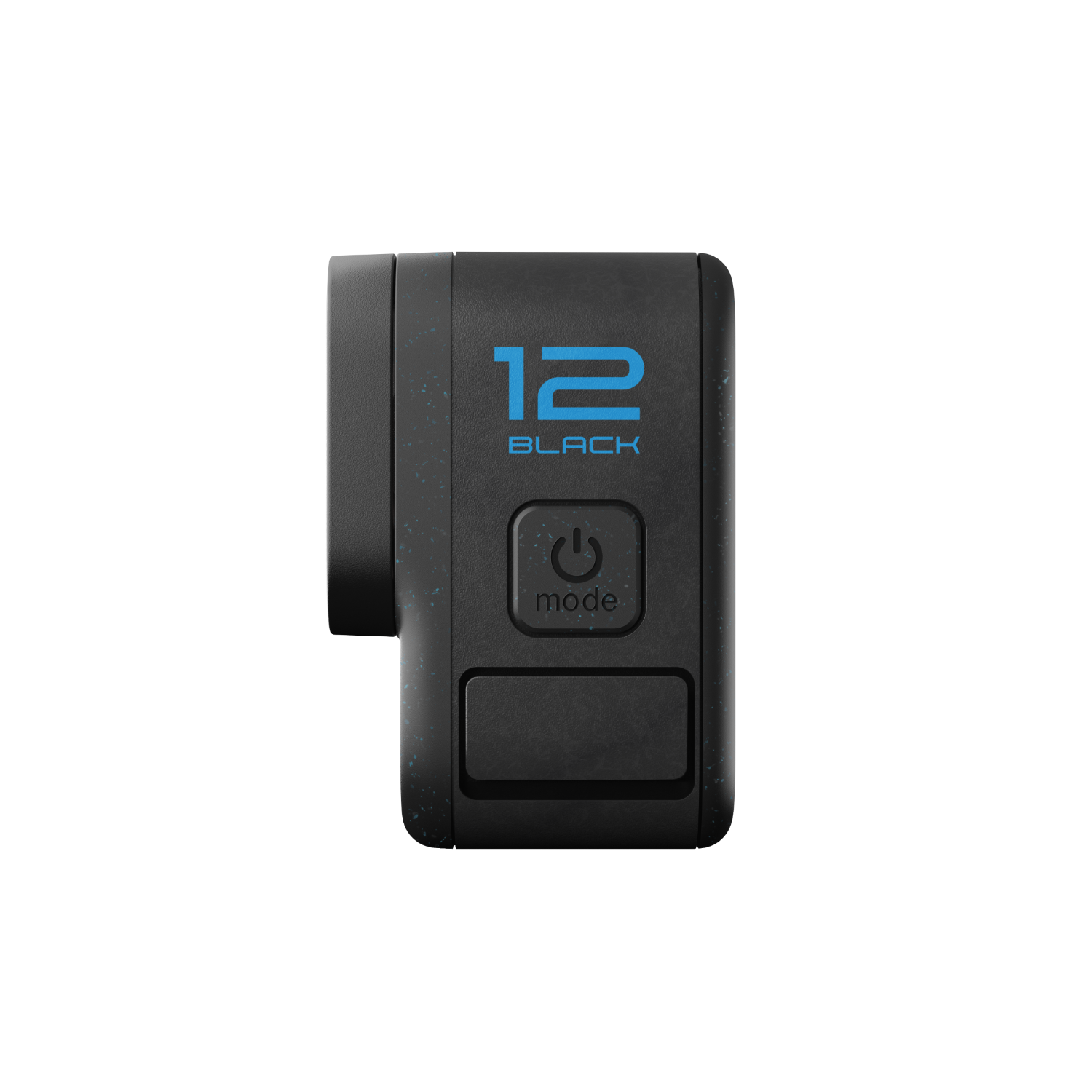 Black GoPro 12 camera side view with blue text on a black body.