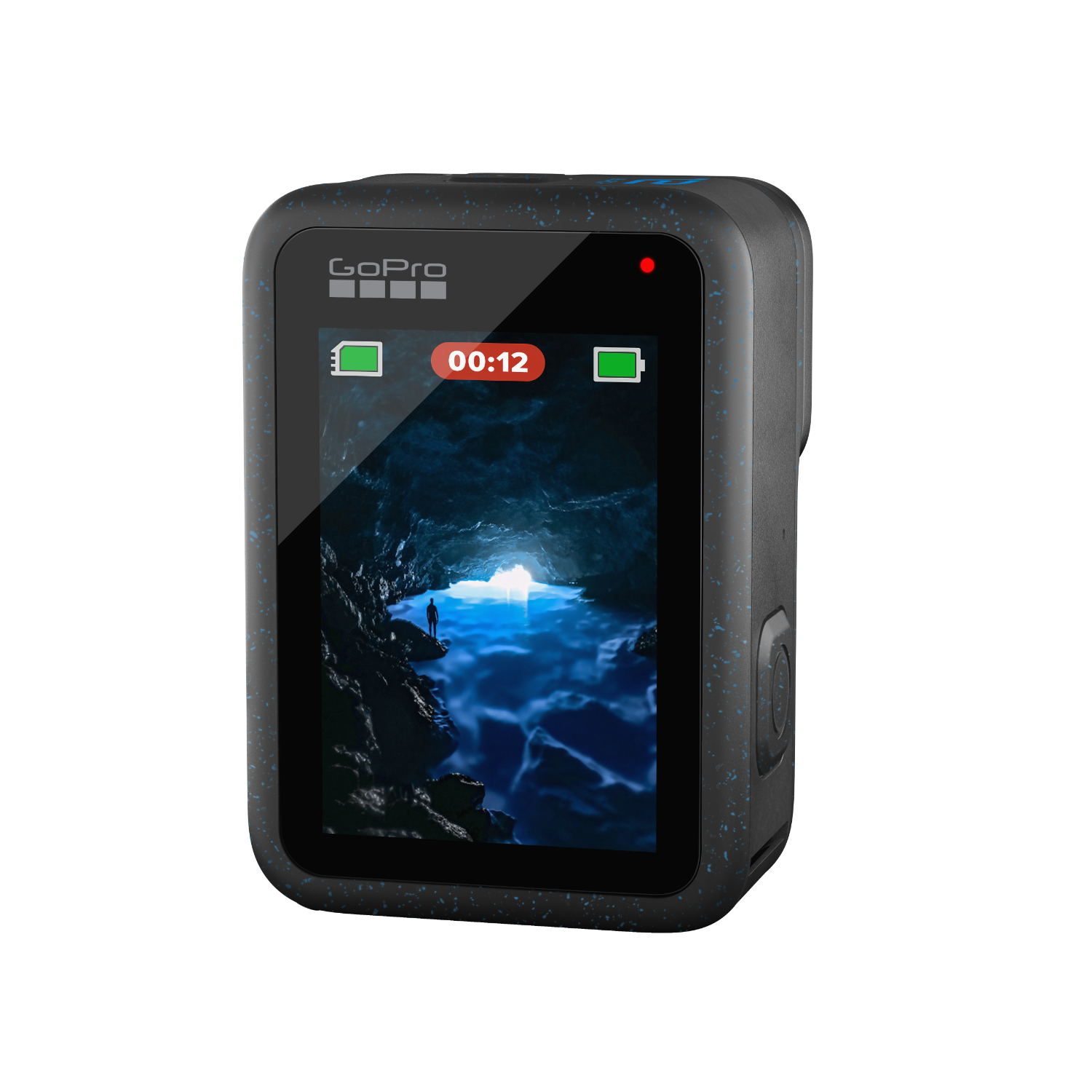 GoPro camera with a screen showing a cave scene, battery, and time display.