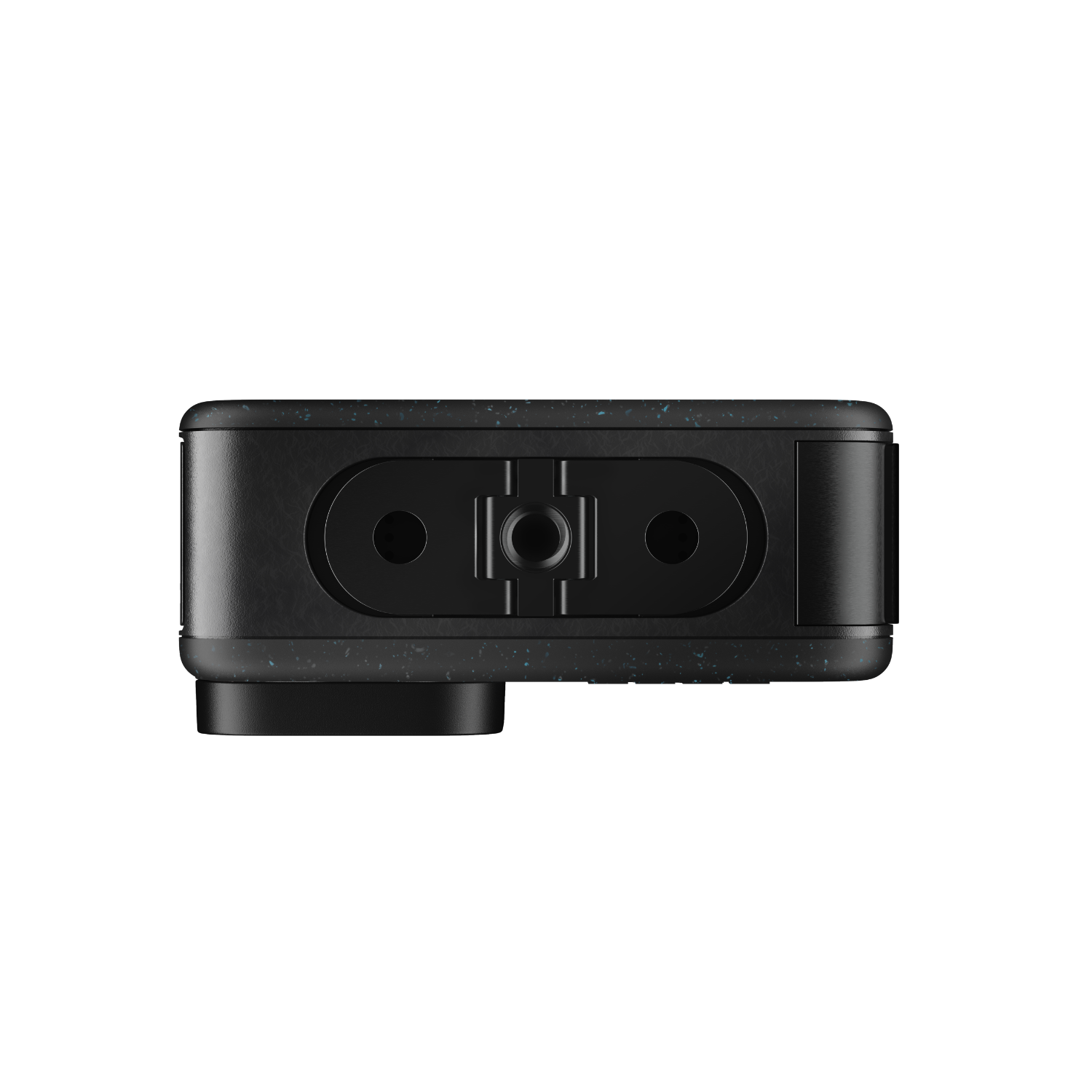 Top view of a black GoPro camera, showing the bottom with mounting points.