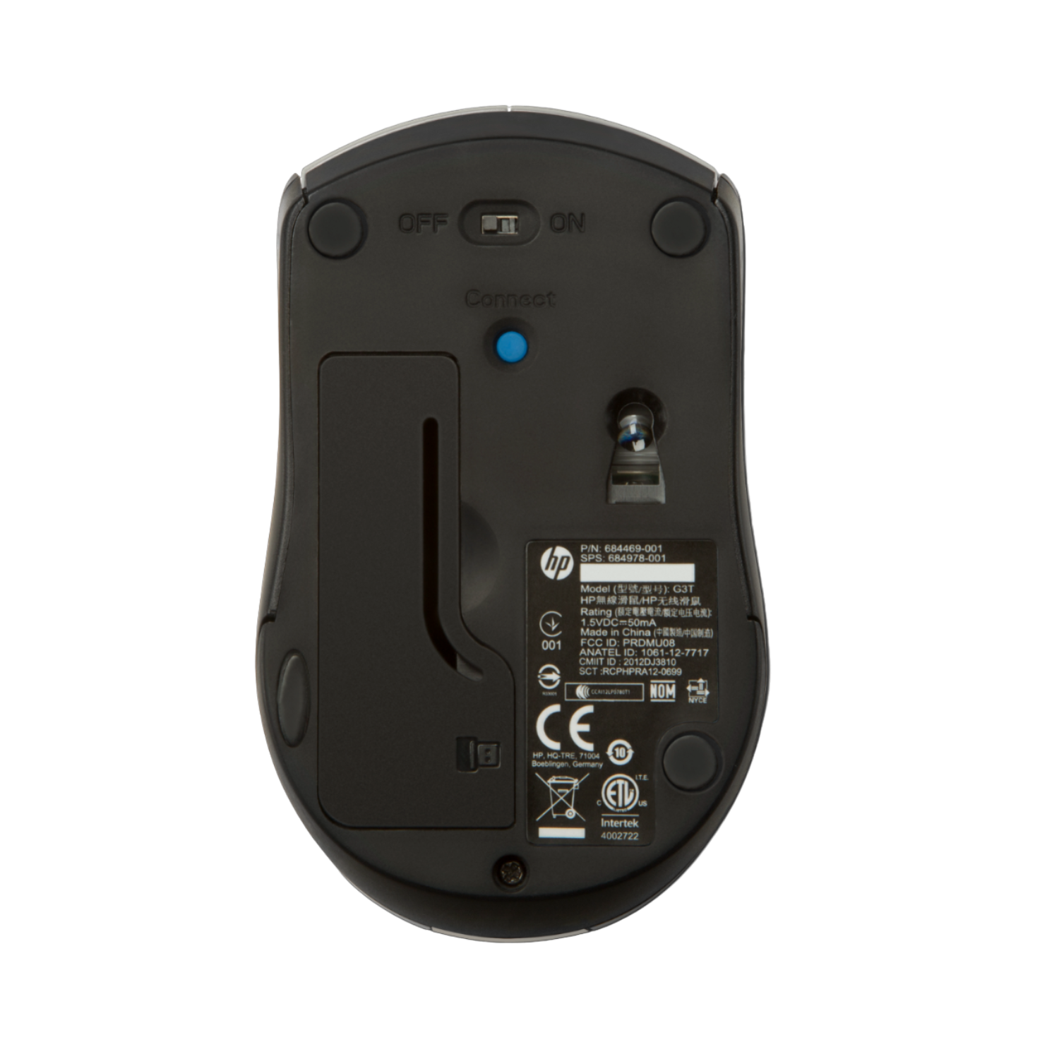 Black HP mouse underside. Features include an on/off switch, connect button, and product information details. The background is black.