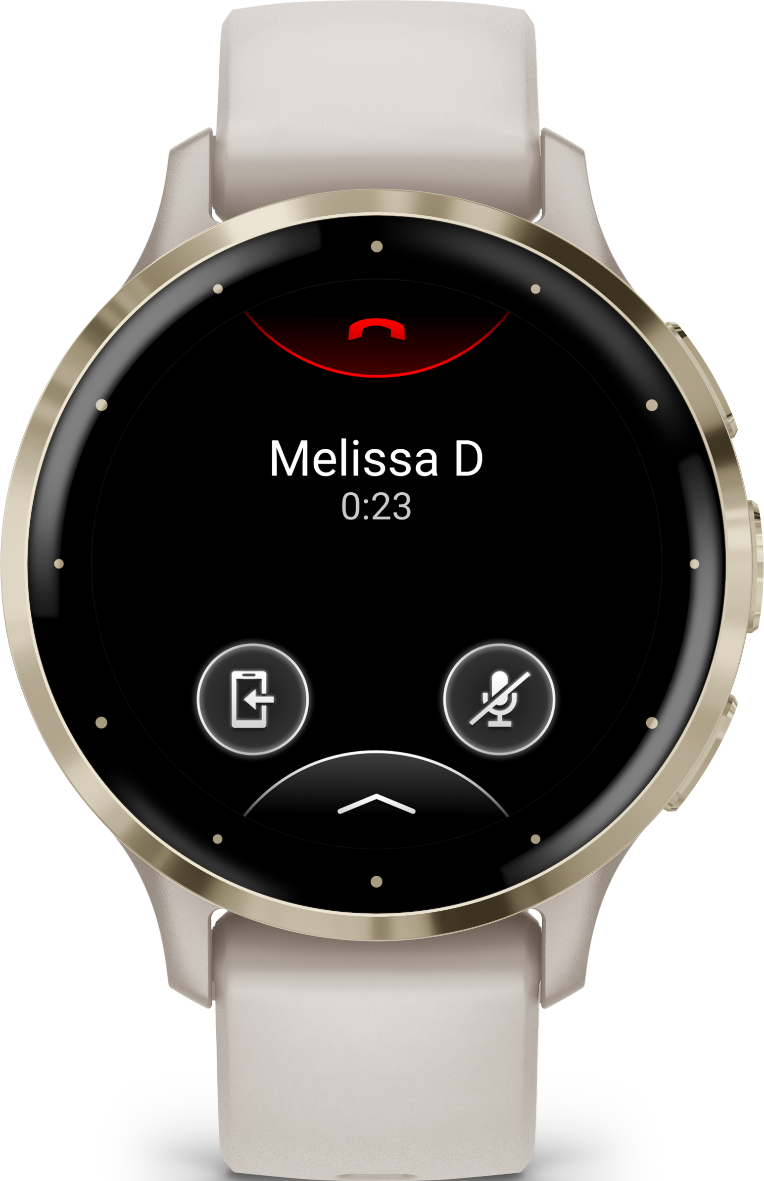 Uno schermo di smartwatch che mostra una chiamata in arrivo da Melissa D. La chiamata è in corso da 23 secondi.